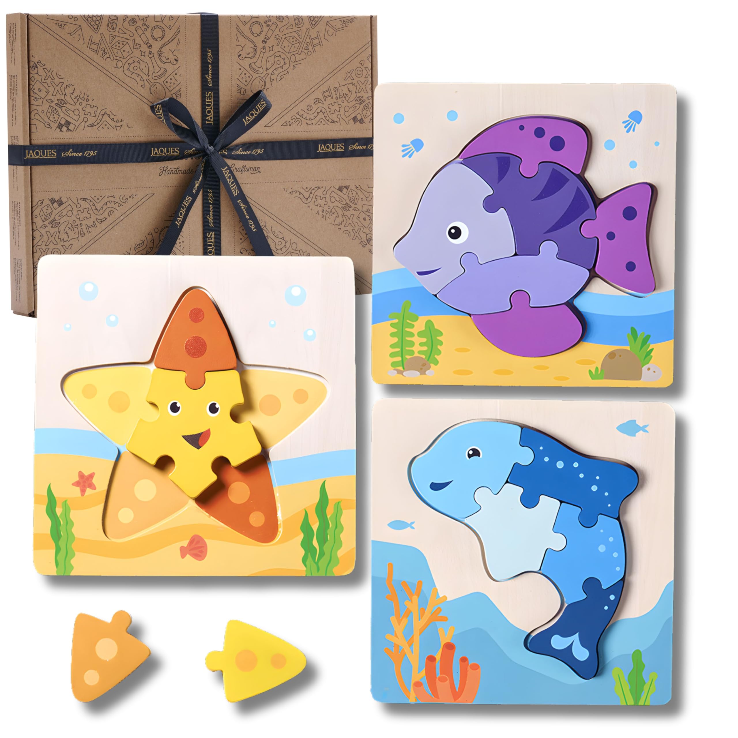 Sea Creature Wooden Puzzle for 1 Year Old + | Toddler Sea Animal Wooden Toys for 1 Year Olds | Starfish, Dolphin & Fish Montessori Jigsaw Puzzle | Since 1795