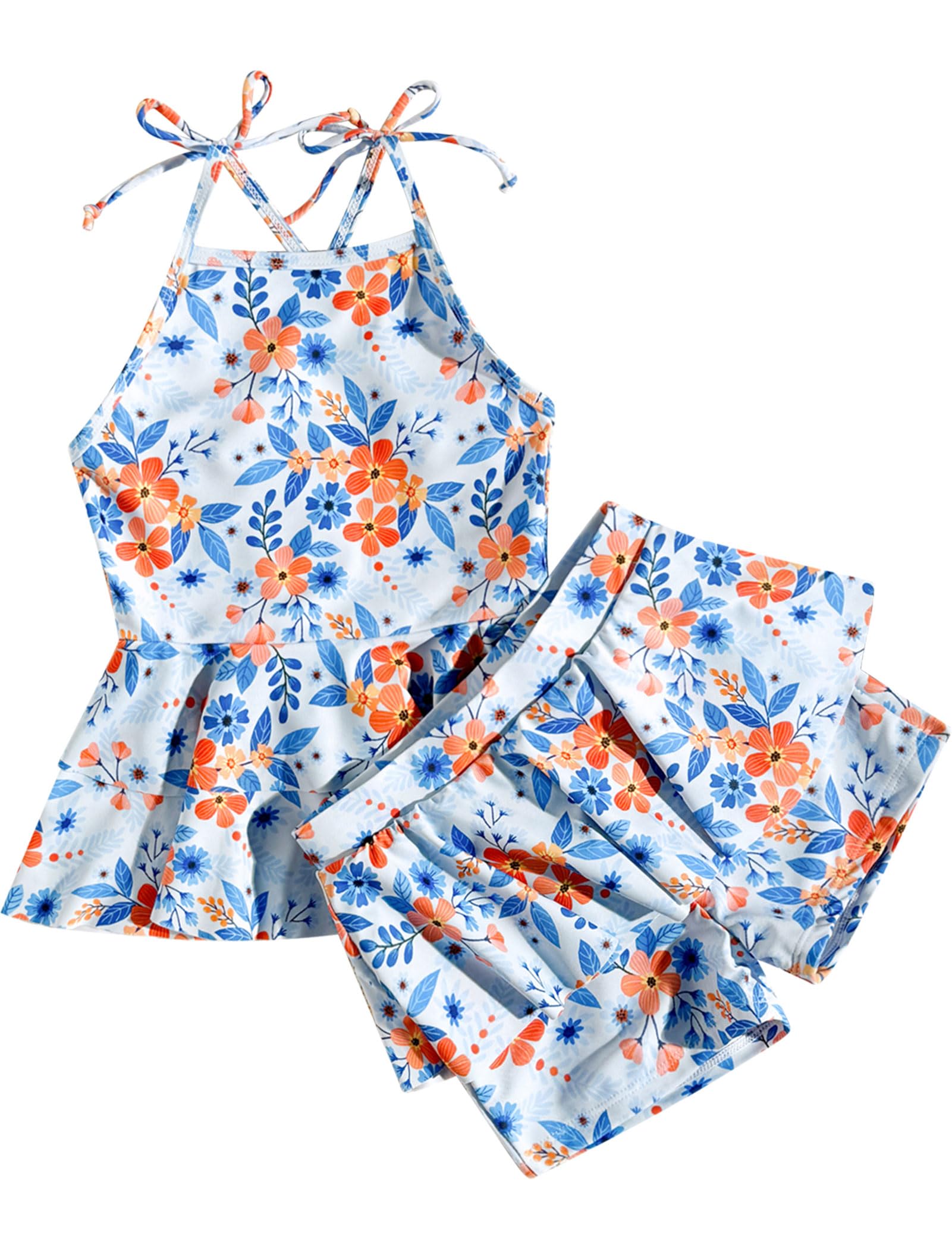 IBTOM CASTLE Girls Swimsuit Sleeveless Floral Print Top + Shorts 2 Pieces Set Tankini Bathing Suit Tween Swimwear Blue 9-10 Years