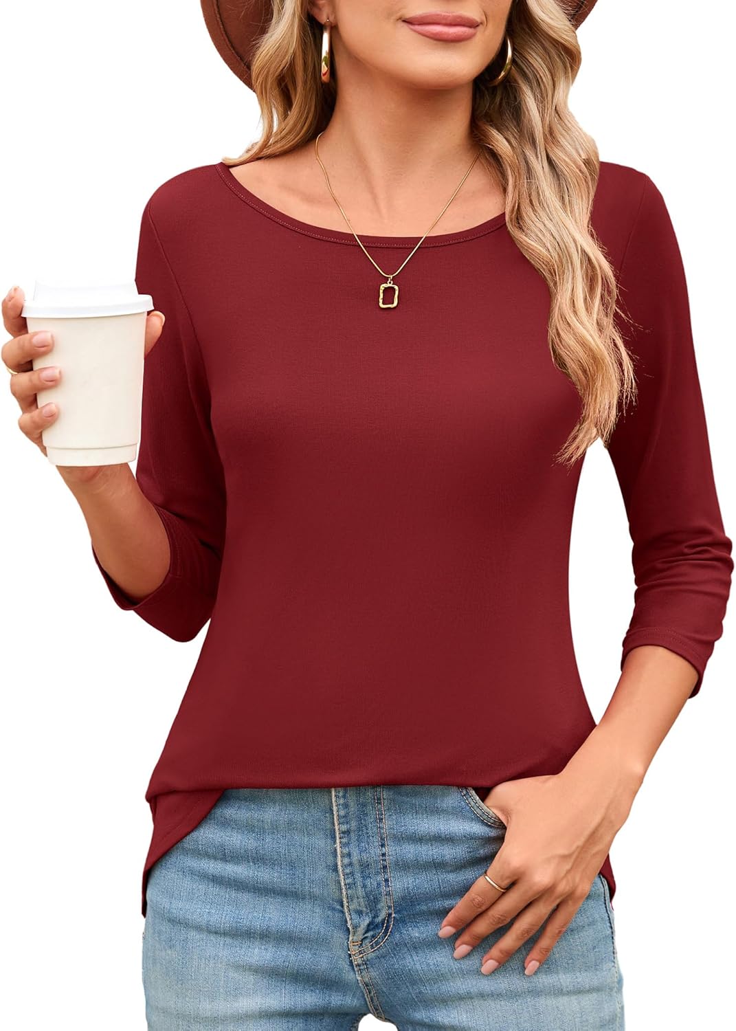 Amoretu Womens Long Tunic Tops 3/4 Sleeve Shirts Boat Neck Tees - Image 2