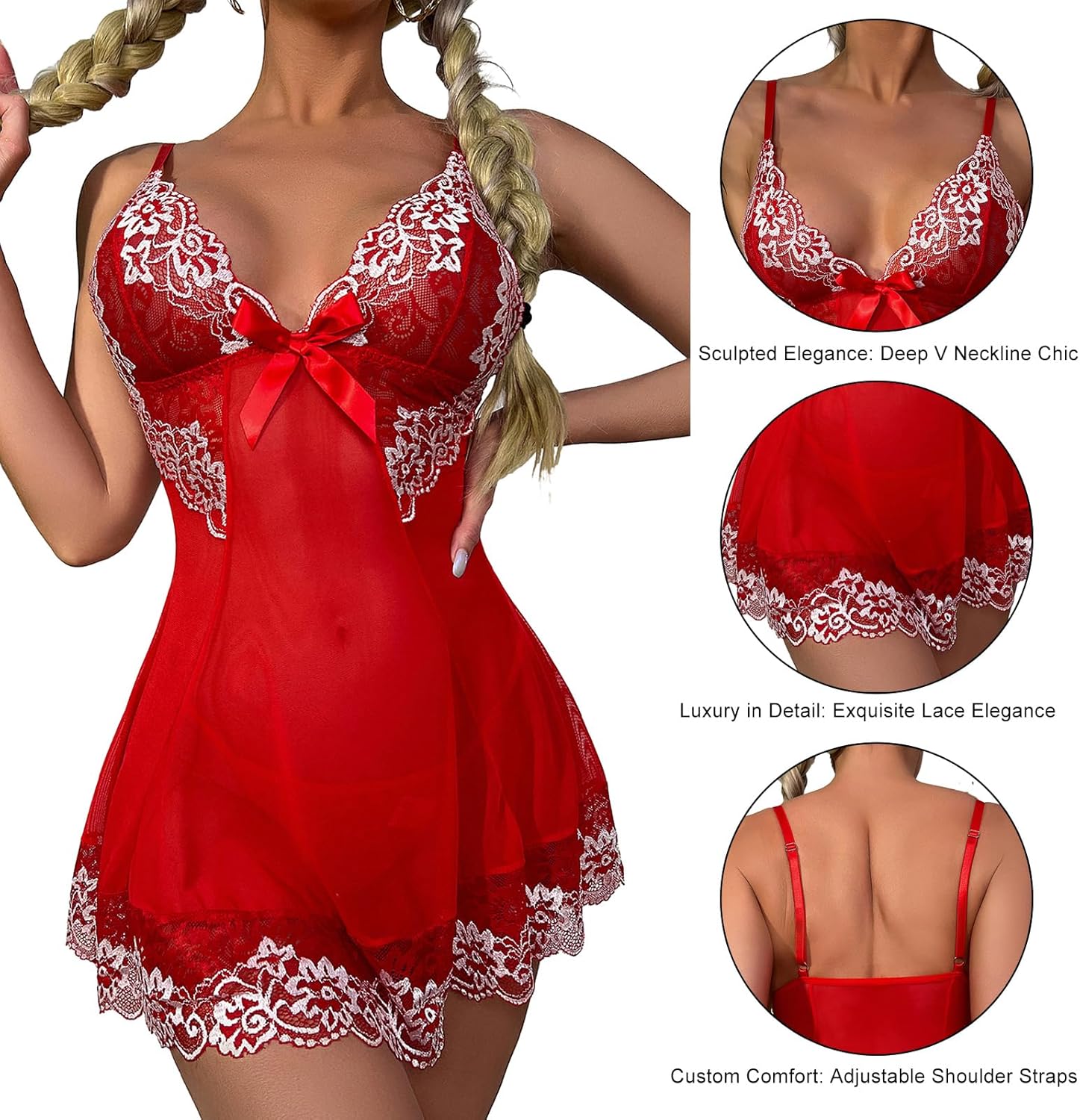 LOVESOFT Babydoll Lingerie for Women Sexy Lace V Neck Nightwear with G-String - Image 3