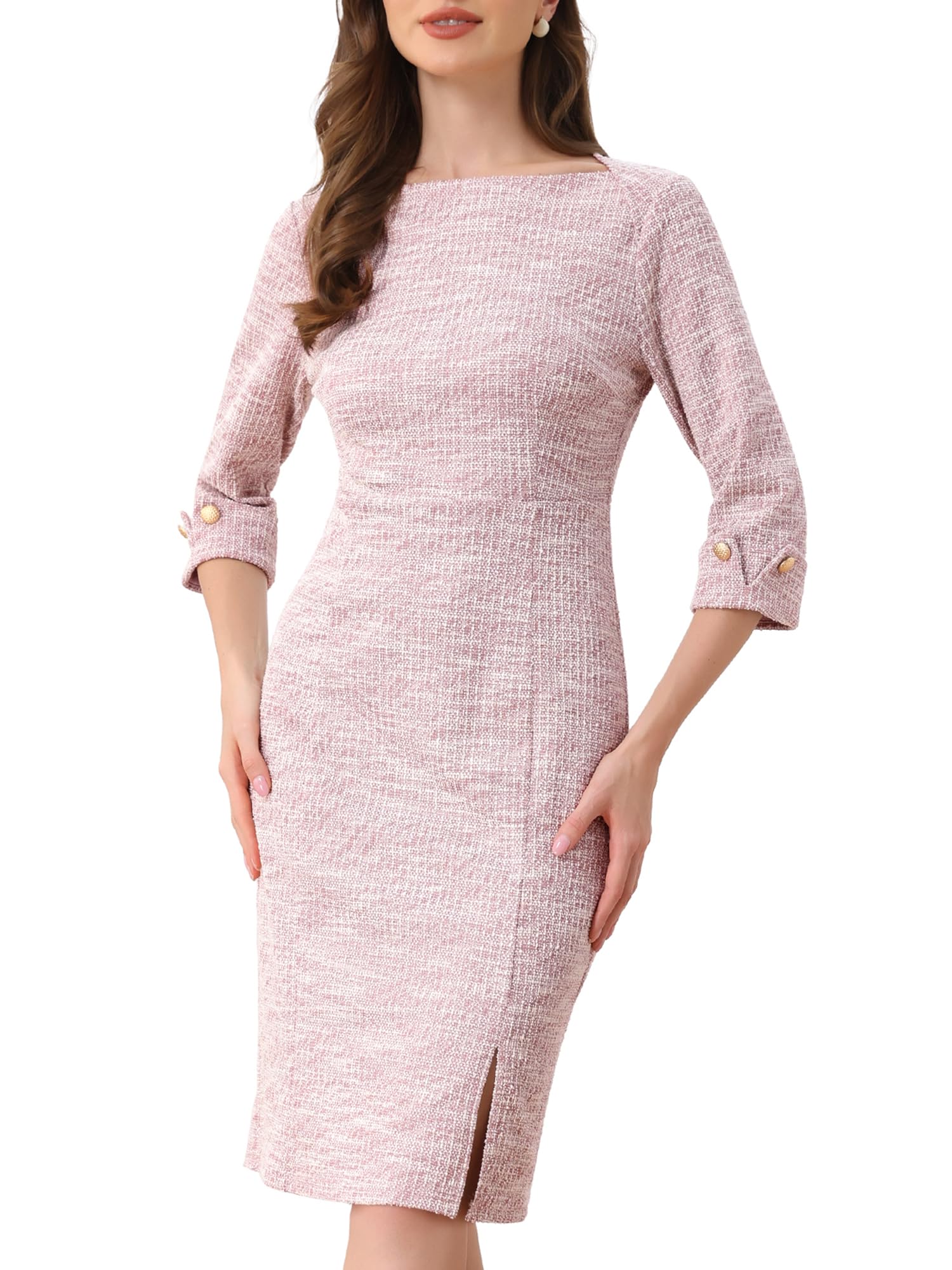 Allegra K Tweed-Kleid für Damen, elegant, U-Boot-Ausschnitt, 3/4-Ärmel, Arbeitskleid