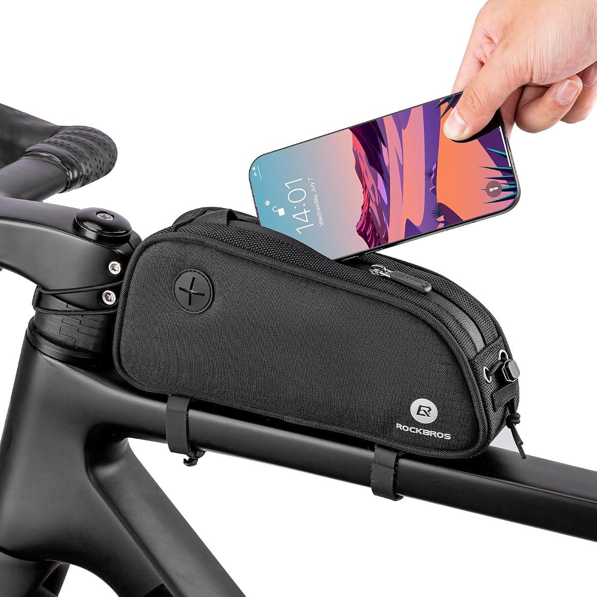 Top Tube Bike Bag 1.3L 3-Point Elastic Cord Lightweight Portable | One-Hand Access Zipper,External Mesh Pockets,Anti-Wear Fabric,Headphone Jack Design,Road Commuting
