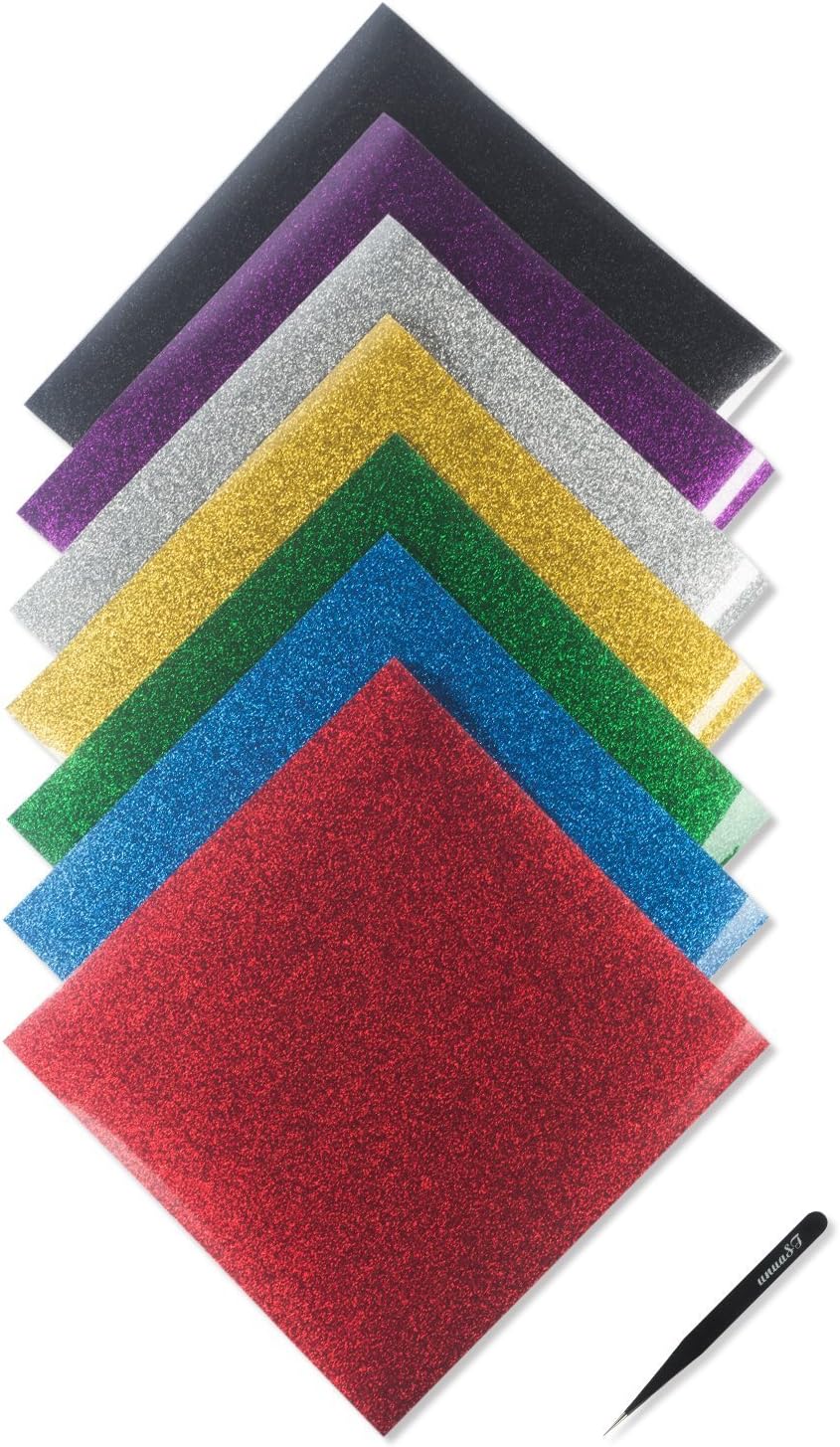 Glitter Heat Transfer Vinyl HTV bundle- 7 Pack Iron On Glitter Vinyl for T-Shirts- BONUS 1 Weeding Tweezers-Heat Press vinyl for Silhouette Cameo & Cricut
