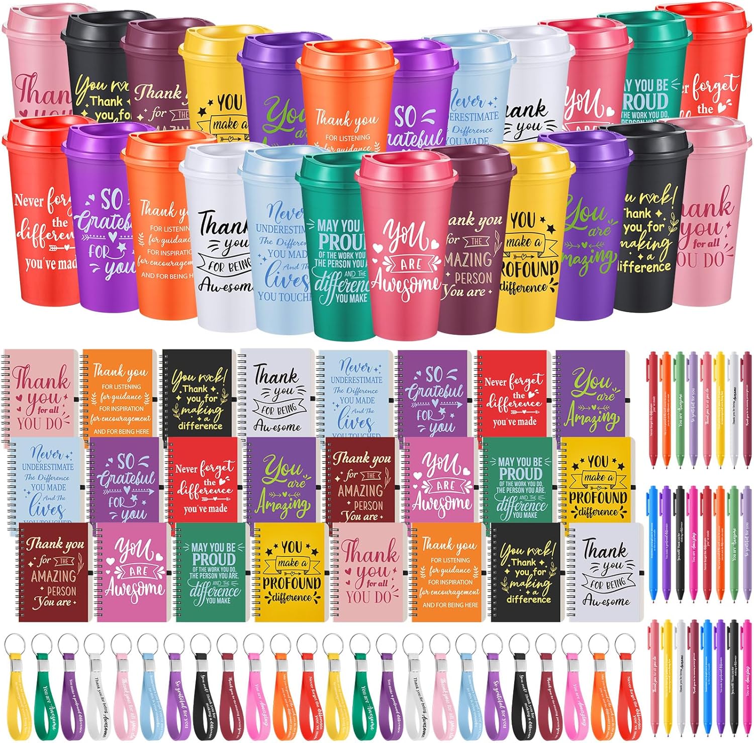 Skylety 24 Set Employee Appreciation Gifts Bulk Thank You Inspirational Gift Set 16 oz Coffee Cups with Thank You Notebook Pen Keychain for Staff Team Teacher Coworker Friend (Classic Color)