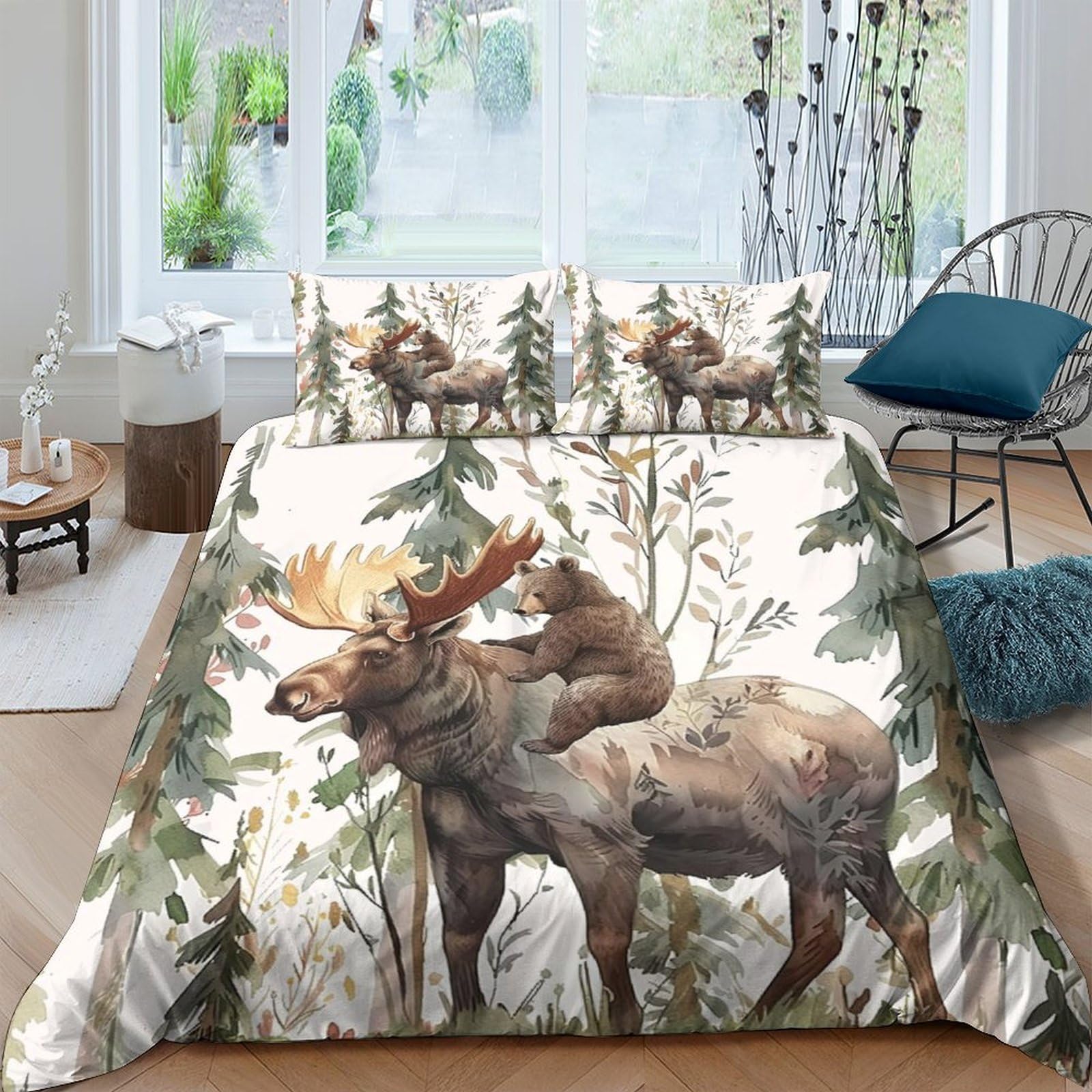 Ctjqhvkz Style-5 3D Printed Forest Moose Fitted Sheet Microfiber Soft Breathable Woodland Bear Mattress Cover For Bedroom Decor Single（135X200cm）