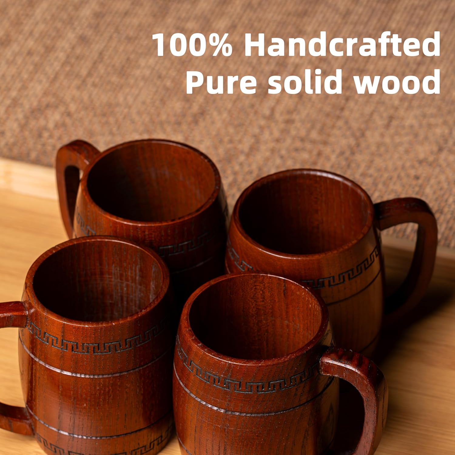 Wooden Beer Mug for Man Woman - 4 pcs Vintage Beer Viking Stein Cups, 12 oz Handmade Wood Camping Barrel Gift for Dad Friend Family Drink Coffee Tea - Image 7