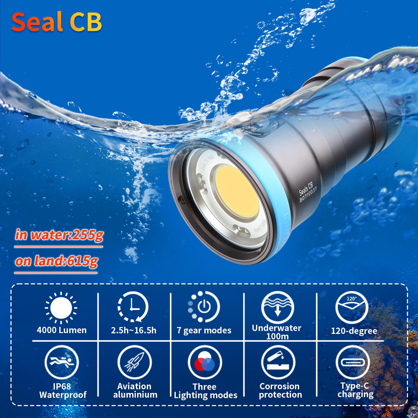 Seal CB Torcia Video Subacquea 4000 Lumen - 120° CRI 94 6500K, Impermeabile 100m, Ricarica USB-C per Video e Foto Subacquee Professionali