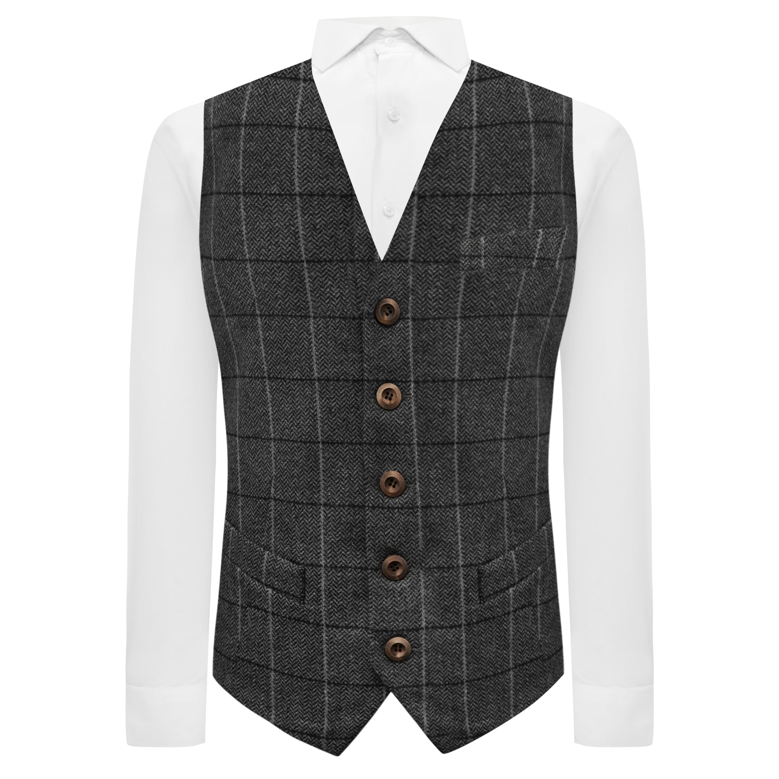 King & Priory Graphite Grey Herringbone Check Waistcoat - XXL