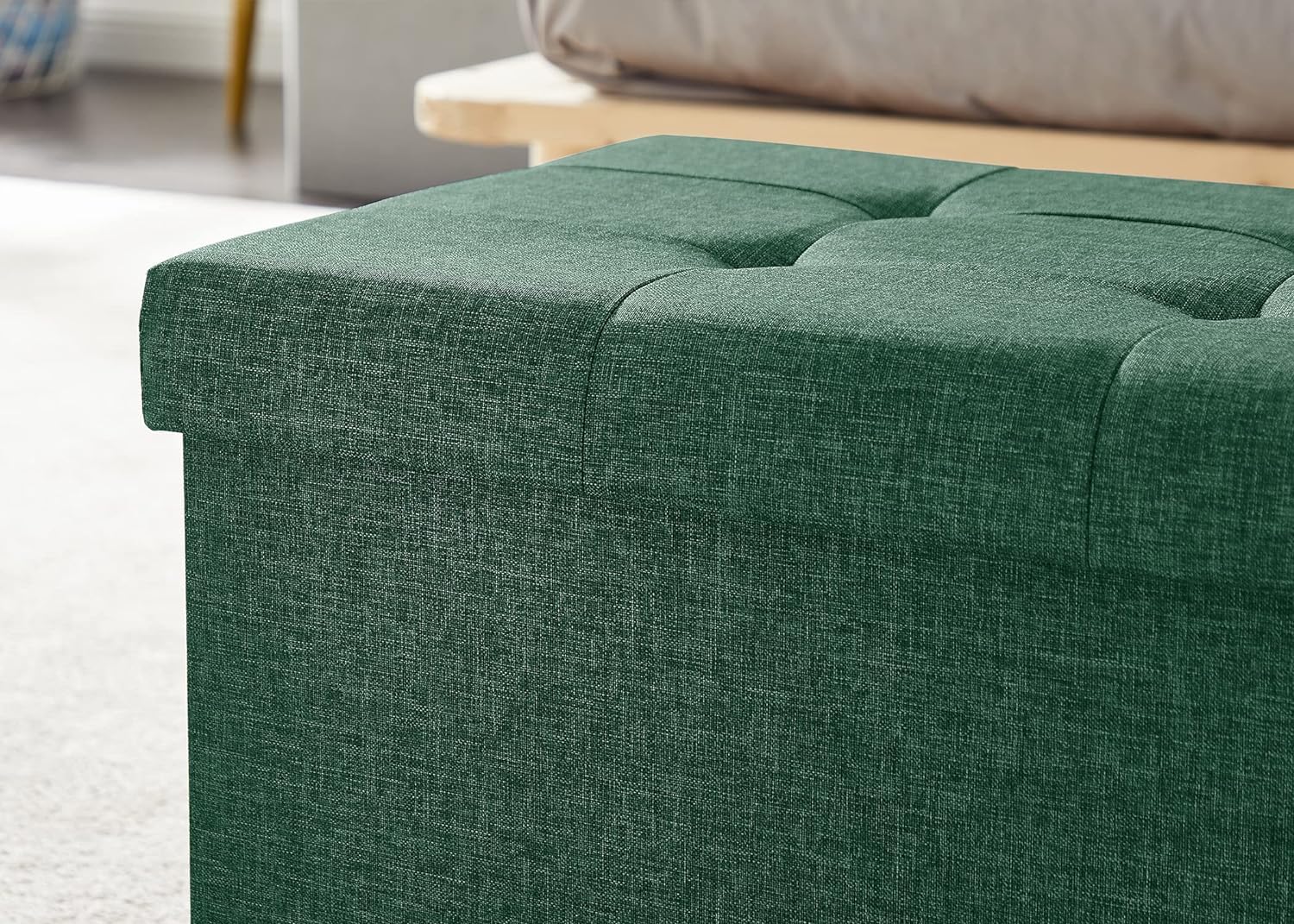 Banc Rembourré Avec Rangement 76x38x38cm - Tabouret Coffre Jusqu'à 300kg, Style Lin Vert