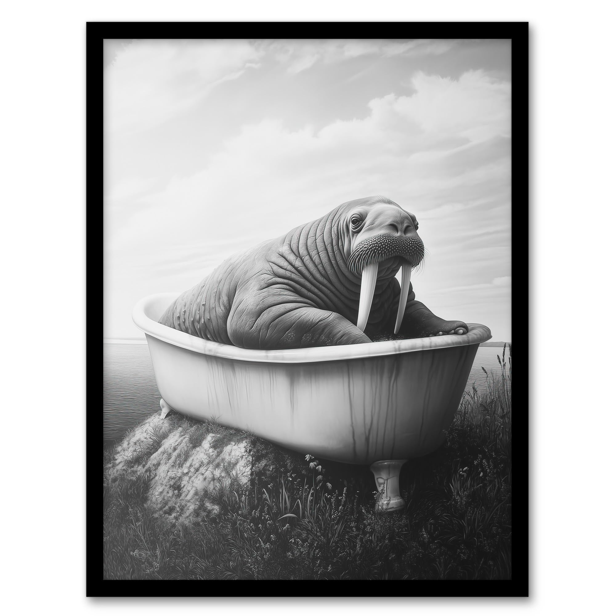 Artery8 Walrus in Bathtub Black White Coastal Surreal Bathroom Toilet Artwork Framed Wall Art Print 18X24 Inch