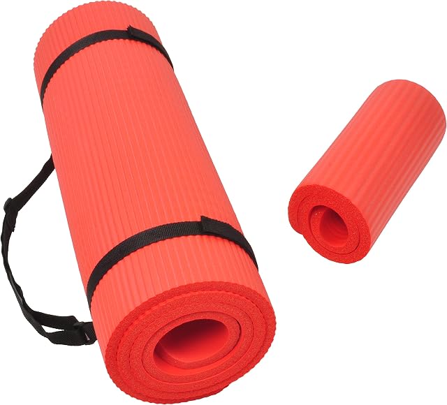 BalanceFrom All Purpose 1/2-Inch Extra Thick High Density Anti-Tear Exercise Yoga Mat and Knee Pad with Carrying Strap, Red