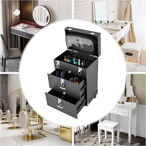 Miniatura 3 de Estuche de tren de maquillaje rodante, estuche de maquillaje grande, organizador de esmalte de uñas con ruedas y cerradura, estuche de carrito de