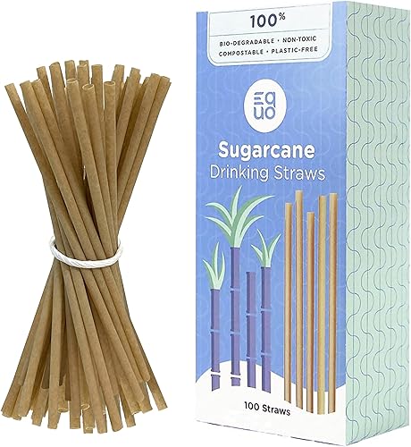 EQUO Pajitas de caña de azúcar (paquete de 100, estándar), sin plástico, compostables en el hogar, pajitas ecológicas para refrescos, jugos, café y