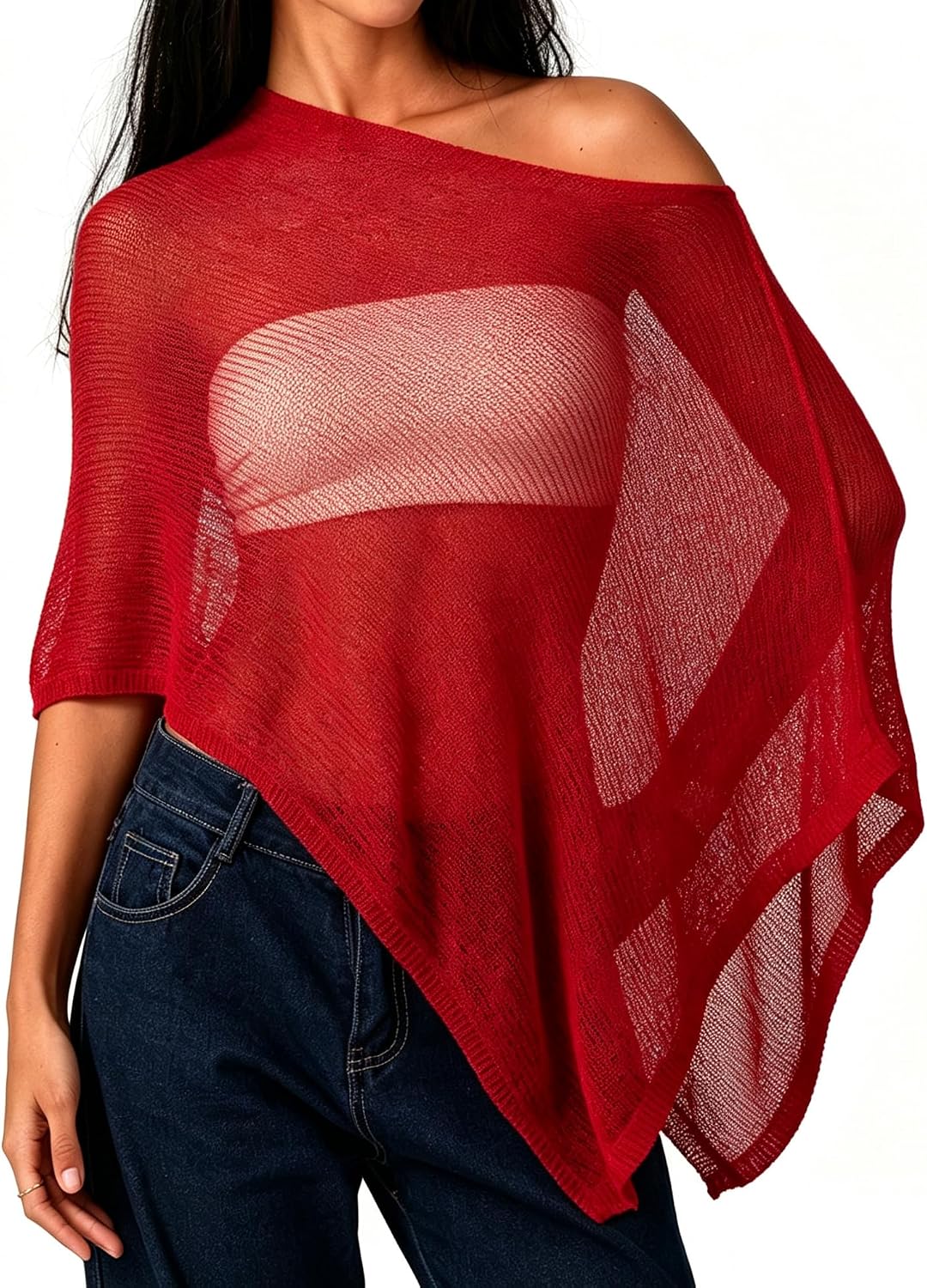 Womens Sheer Poncho Top Cute Lightweight See-through Shrug Pullover Beach Cover-up Tops