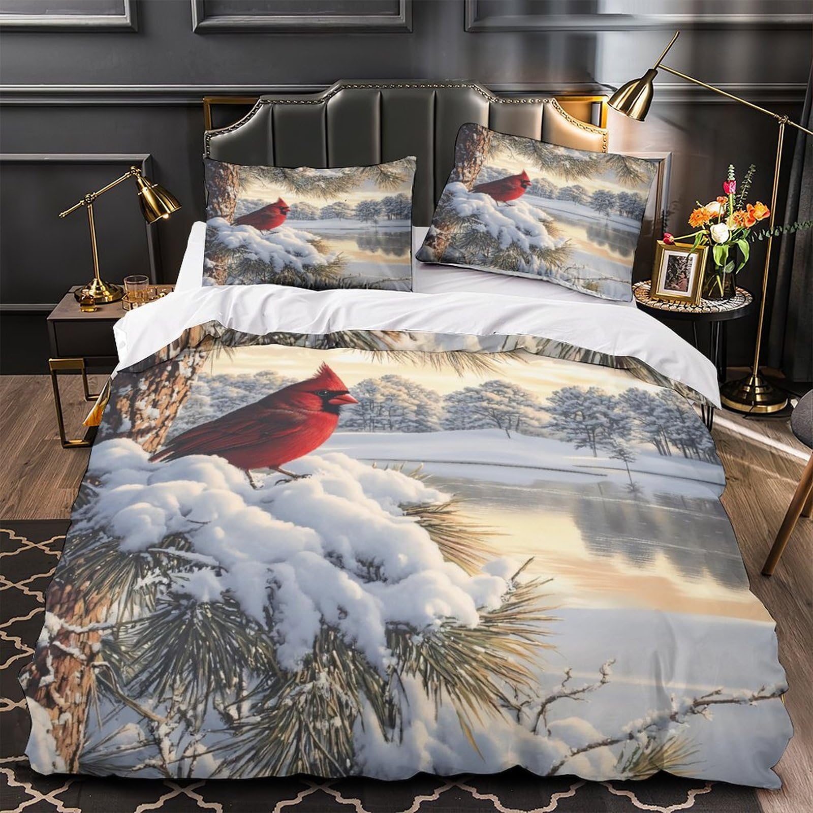 Housse de couette 3D cardinaux rouges parure de lit microfibre hypoallergique 200x200cm pour enfants