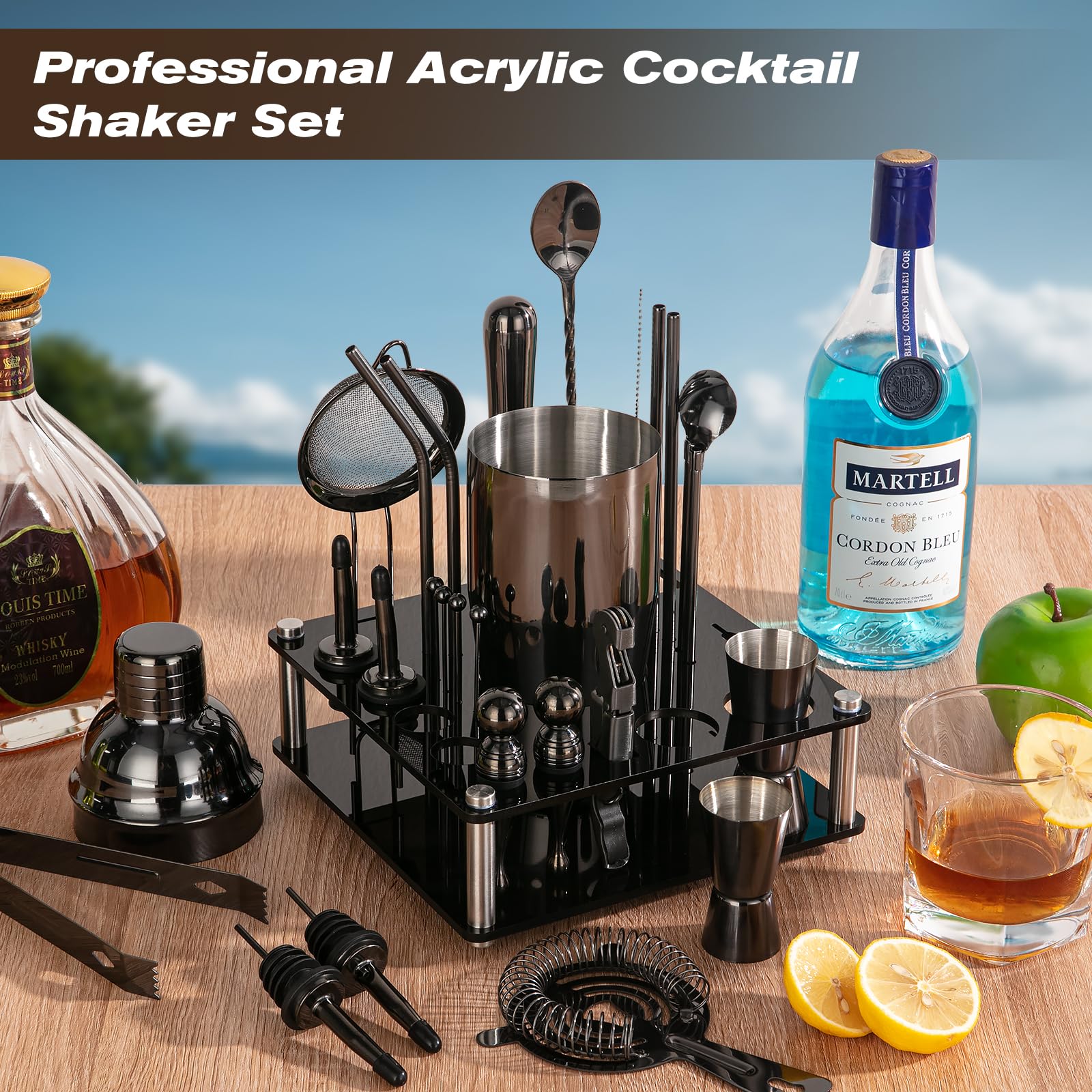 KINGROW Mixology - Set di shaker per cocktail, kit completo da 29 pezzi per barista e strumenti da bar con supporto rotante in acrilico, set professionale da bar per mescolare bevande, casa, bar,
