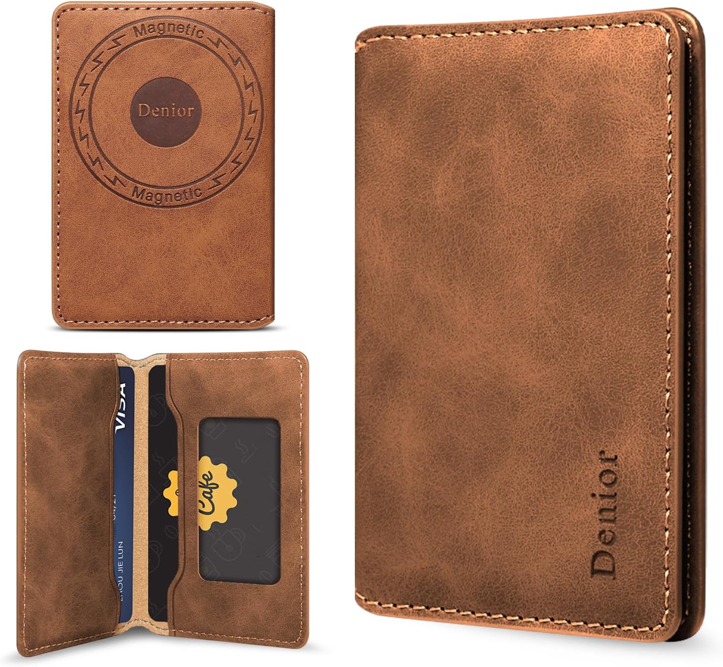 Denior Magnetic Card Holder, RFID Slim for MagSafe Wallet 2 Card Slots, Magnetic Compatible Slim for iPhone 17/16/15/14/13/12 Series Phone Wallet (Brown)