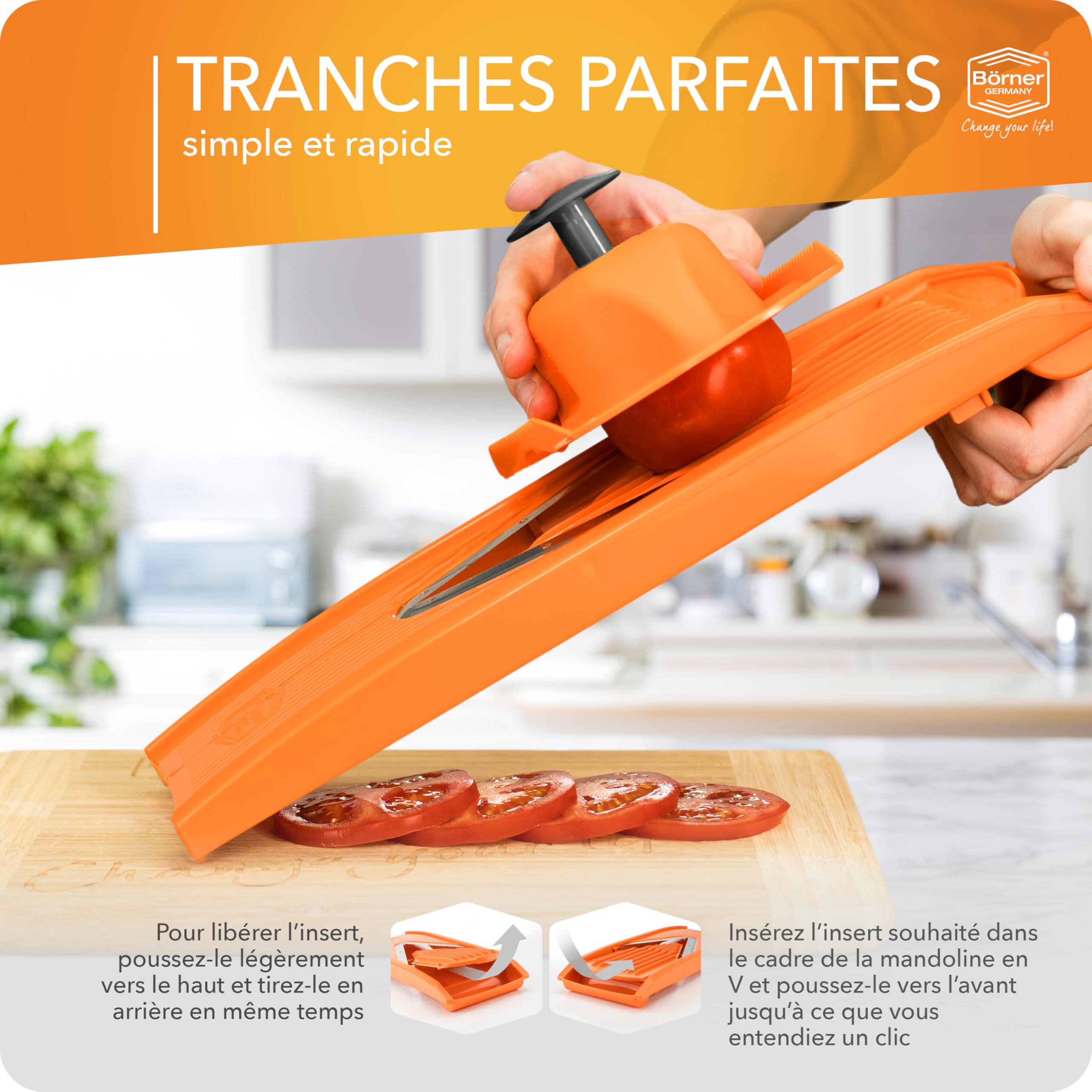 Börner Mandoline V1 ClassicLine (Starter Set) • Mandoline Réglable pour Légumes & Fruits • Avec 4 Inserts, Porte-fruits • Coupe-légumes pour tranches, lamelles & dés • Orange