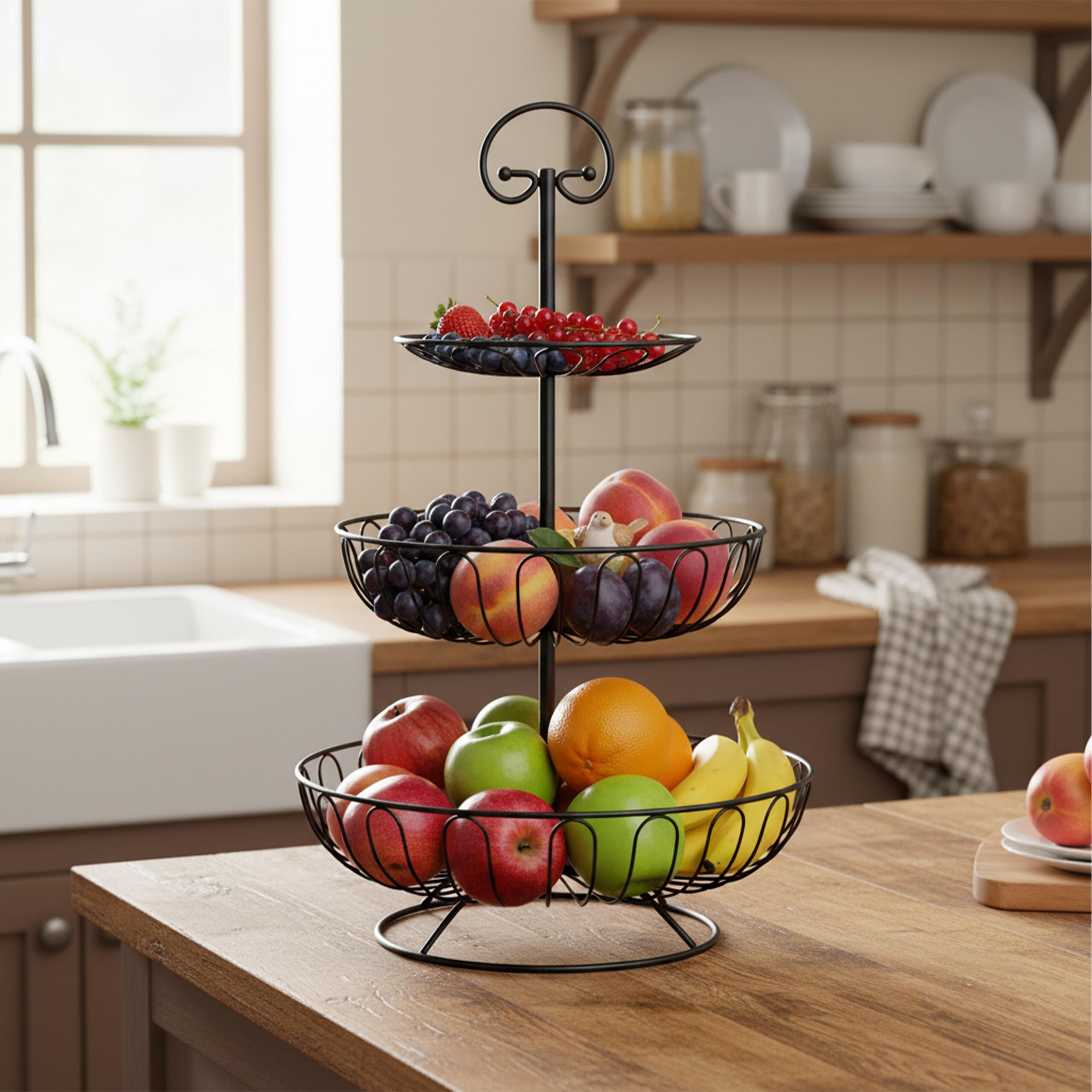 Relaxdays Etagere per Frutta, 3 Piani, Metallo, HxD: 47 x 30 cm, Frutta, Verdura, con Anello, Cesto Rotondo, Nero
