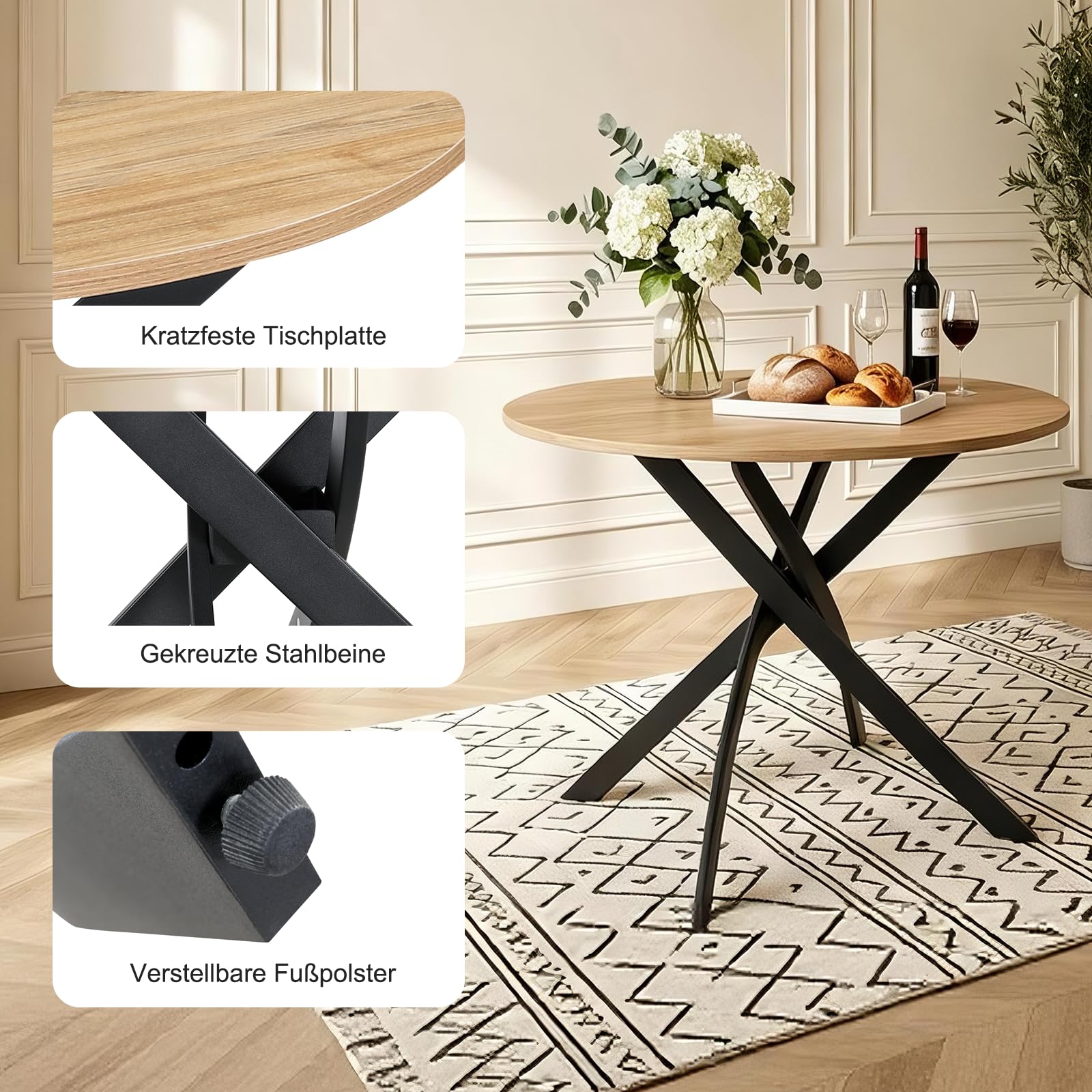 Esstisch Rund, Runder Esstisch für 2-4 Personen, Holz 80 cm Tisch, Gartentisch wetterfest, Küchentisch Esszimmertisch, für Esszimmer, Küche, Wohnzimmer, Gärten und Balkon (Helle Holzfarbe)