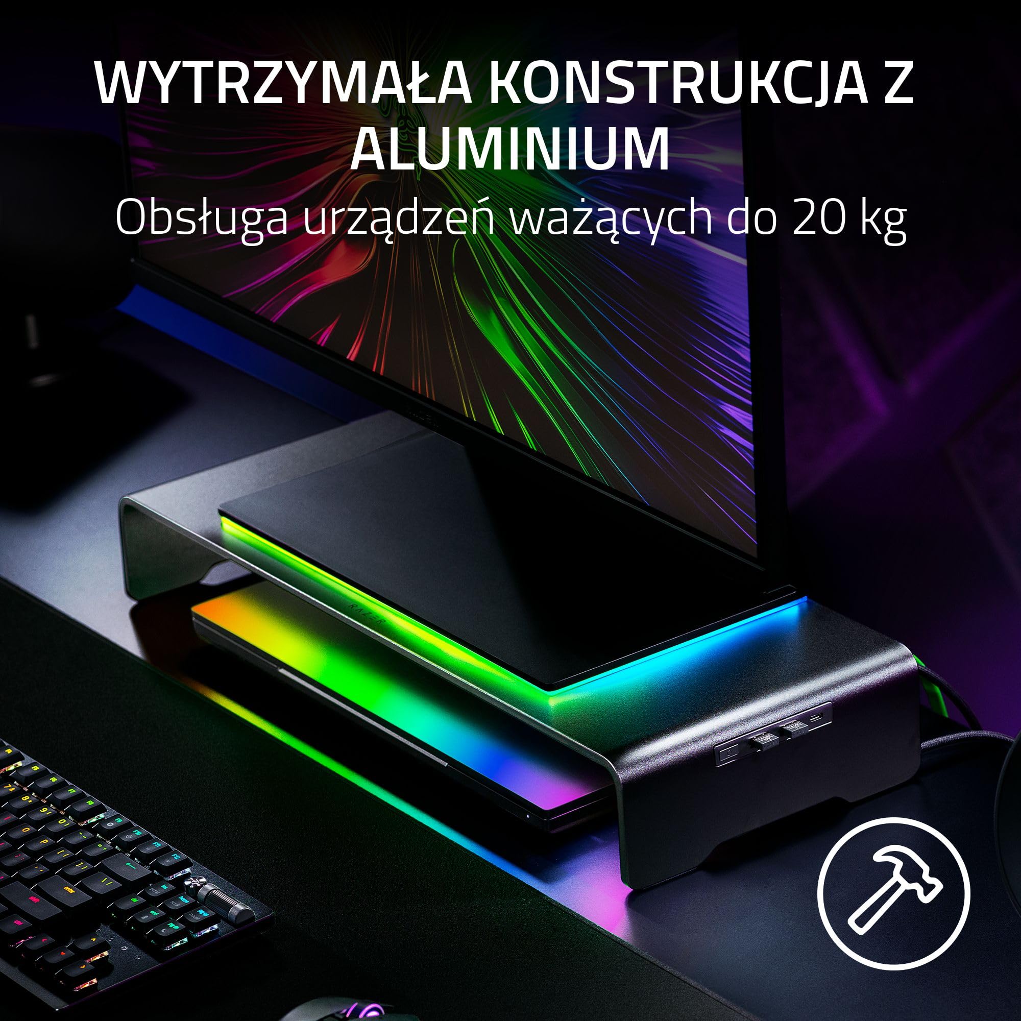 Razer Monitor Stand Chroma - Aluminiowy stojak na monitor z 4-kierunkowym hubem USB-C z Chroma RGB (50 cm x 21 cm x 7,85 cm, solidna konstrukcja, nośność 20 kg, ergonomiczna wysokość) Czarny