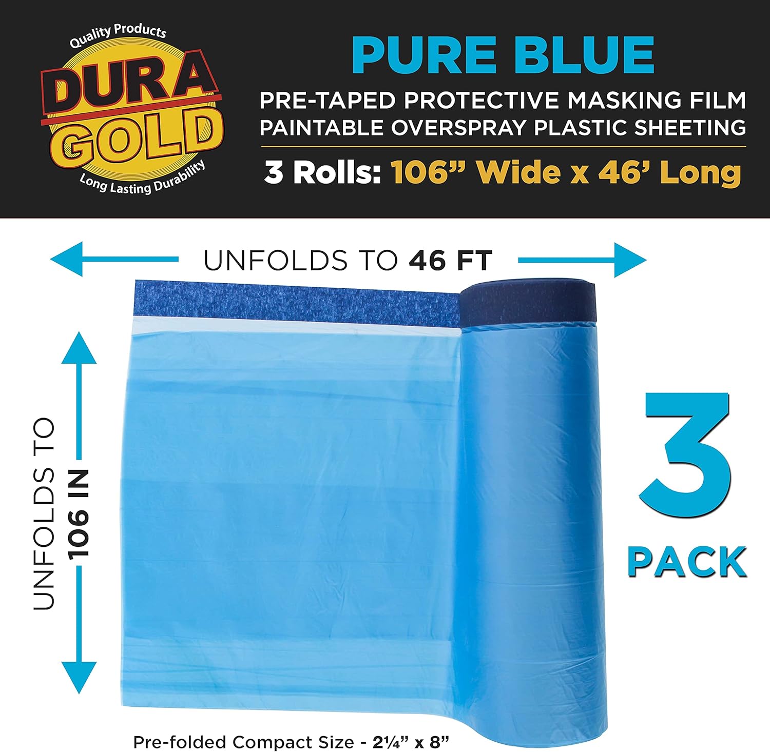 Dura-Gold 106" Wide x 46' Long Roll of Pure Blue Pre-Taped Masking Film, 3 Pack, Pre-Folded Overspray Paintable Plastic Protective Sheeting, Pull Down Drop Sheet - Auto Painting, Cover Walls Furniture