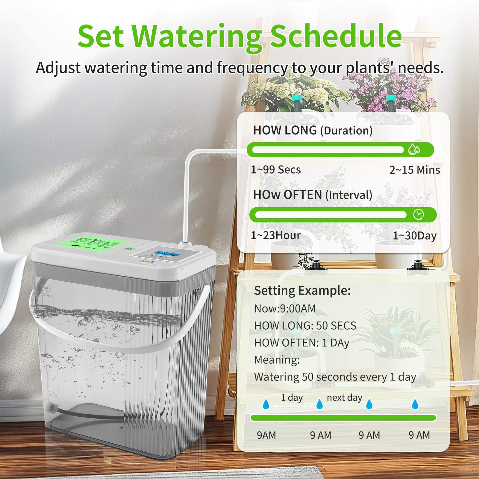 Sistema de riego por goteo para interiores con tanque de agua de 2 galones, luz nocturna táctil y temporizador programable, kit de riego automático para 10 plantas en maceta