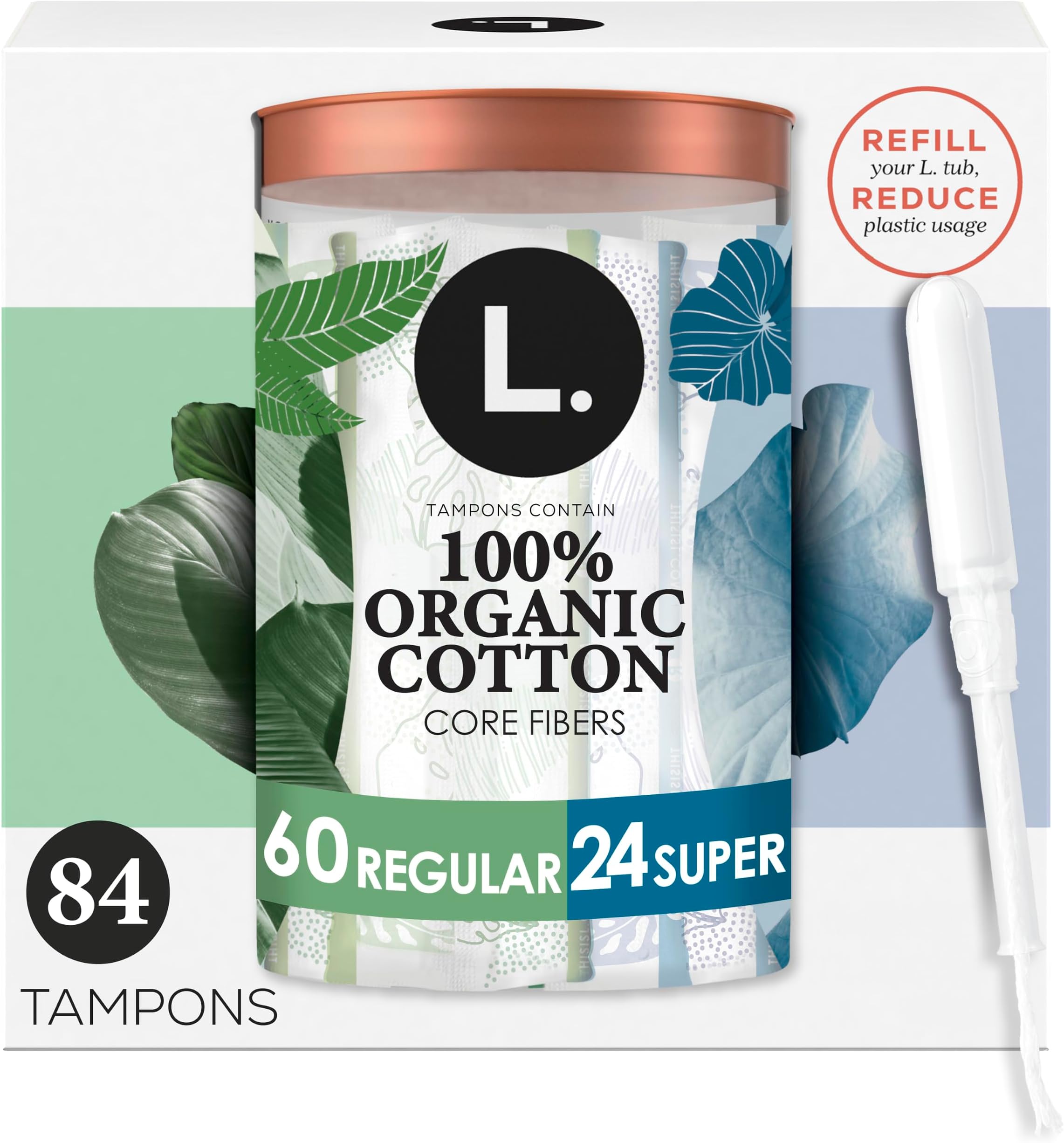 L. Cotton Tampons Regular/Super Absorbency Multipack, Contains an Organic Cotton Core, Made Without Synthetic Pesticides, or Fragrances, 84 Count (2 Packs of 42)