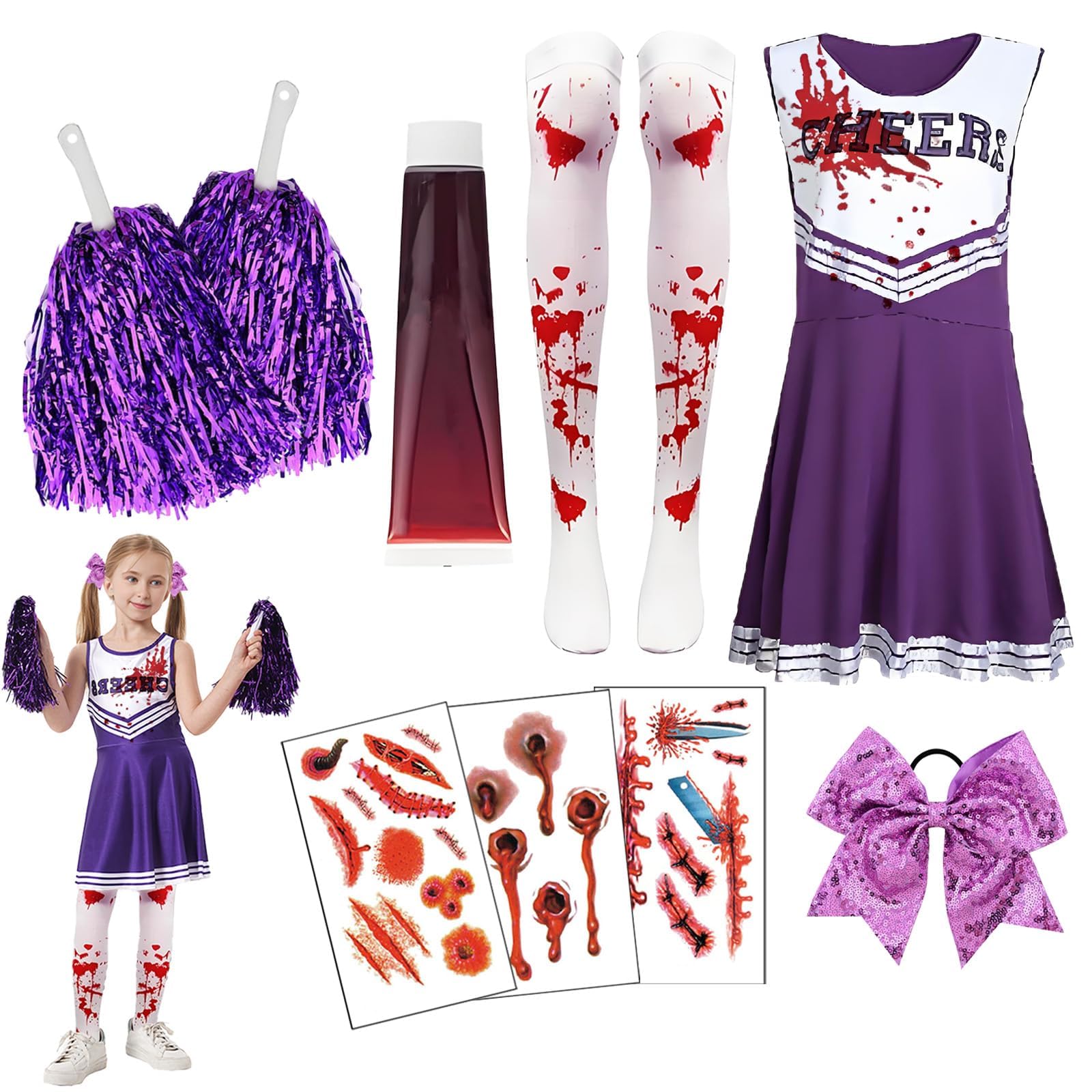 Syylqyr 9 Pcs Purple Zombie Cheerleader Costume Kit, Cheerleader Outfit Zombie Costume, Halloween Costumes