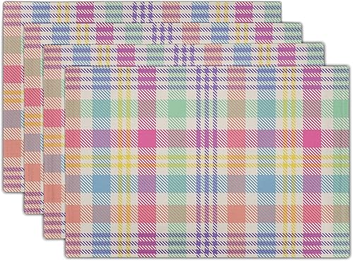 Miniatura 8 de Juego de 4 manteles individuales de primavera a cuadros, color rosa, verde, azul, colorido, búfalo, Pascua, manteles individuales de lino lavables