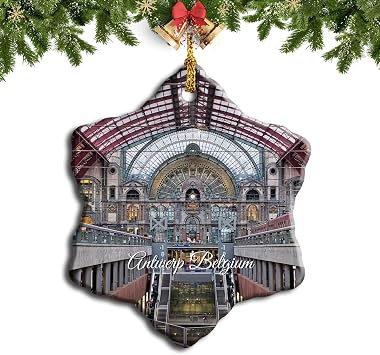Antwerp Belgium Christmas Ceramic Ornament Tree Hanging Pendant Snowflake Double-Sided Printed Travel Souvenir Decoration 2.75-inch