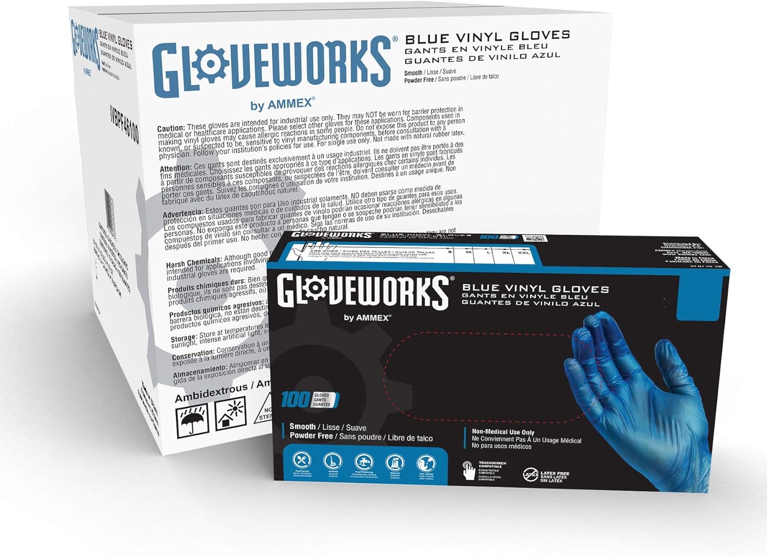 GLOVEWORKS Blue Vinyl Light-Industrial Disposable Gloves, 3 Mil, Food-Safe, Latex & Powder-Free, Smooth Surface, Non-Sterile