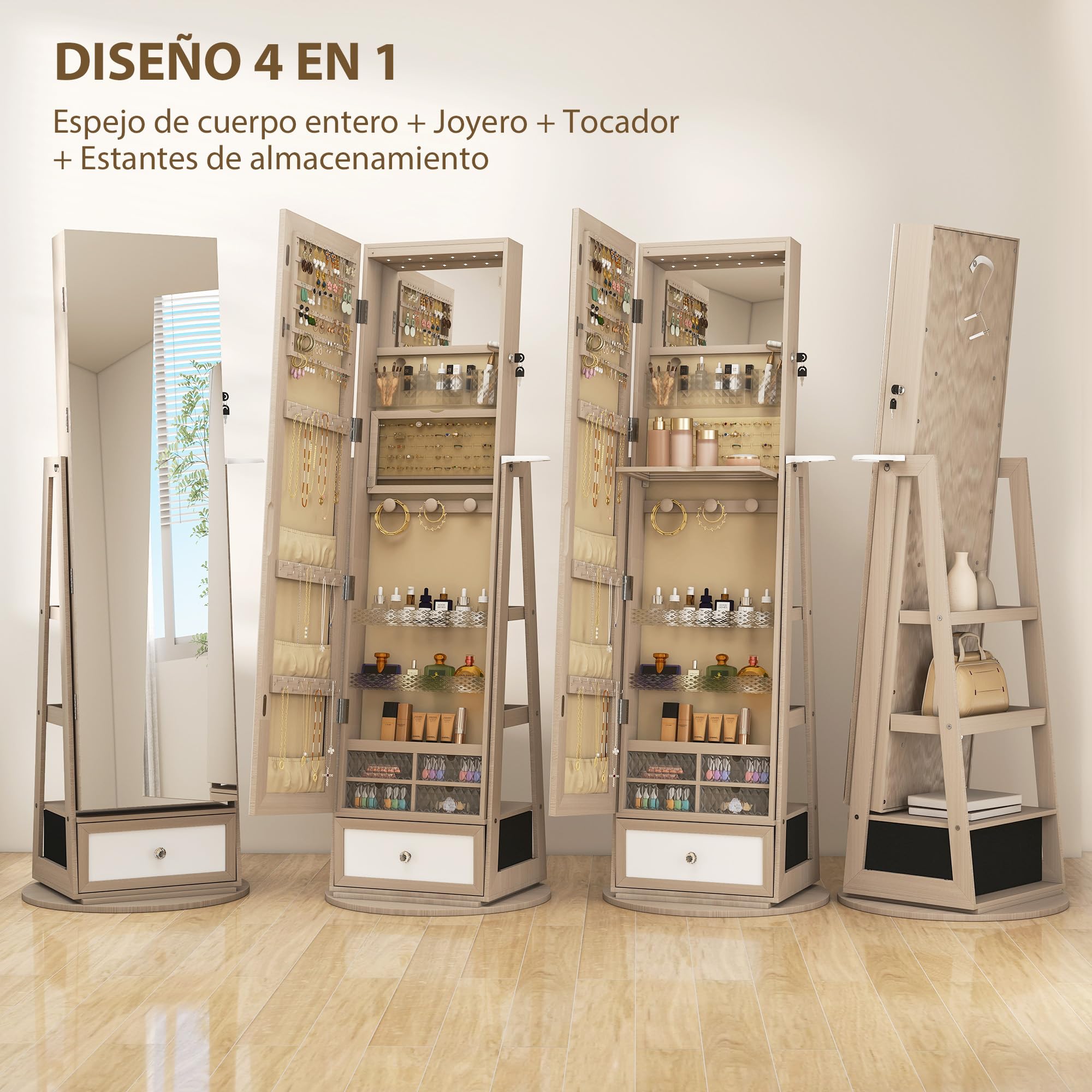 HOMCOM Miroir à bijoux avec éclairage LED, armoire à bijoux, armoire à bijoux avec miroir intégral, pivotant à 360°, tiroir, serrure, étagères ouvertes, support pour sèche-cheveux, naturel