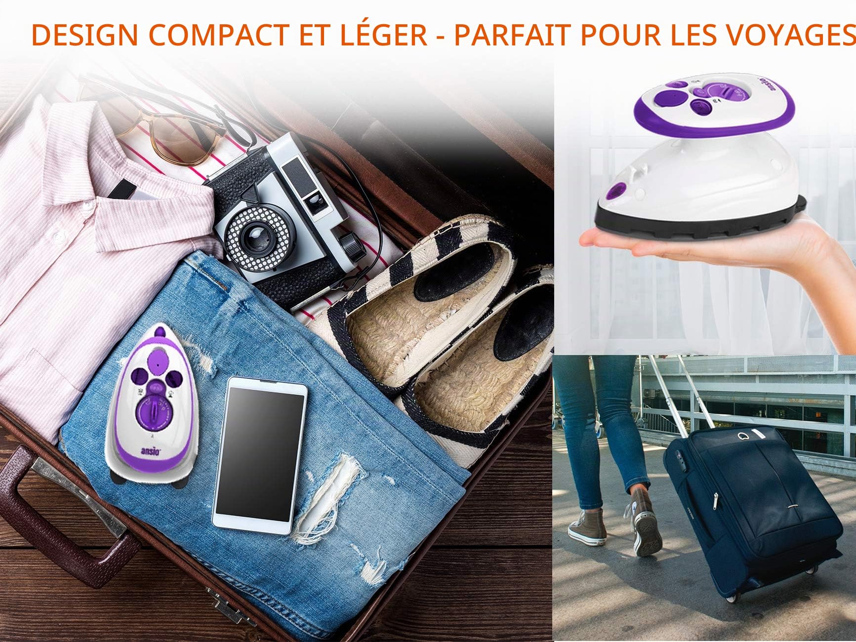 ANSIO Mini plaque de voyage avec semelle en céramique parfaite pour voyager et matelassage - Design léger et compact - Garantie de 2 ans - Violet/blanc