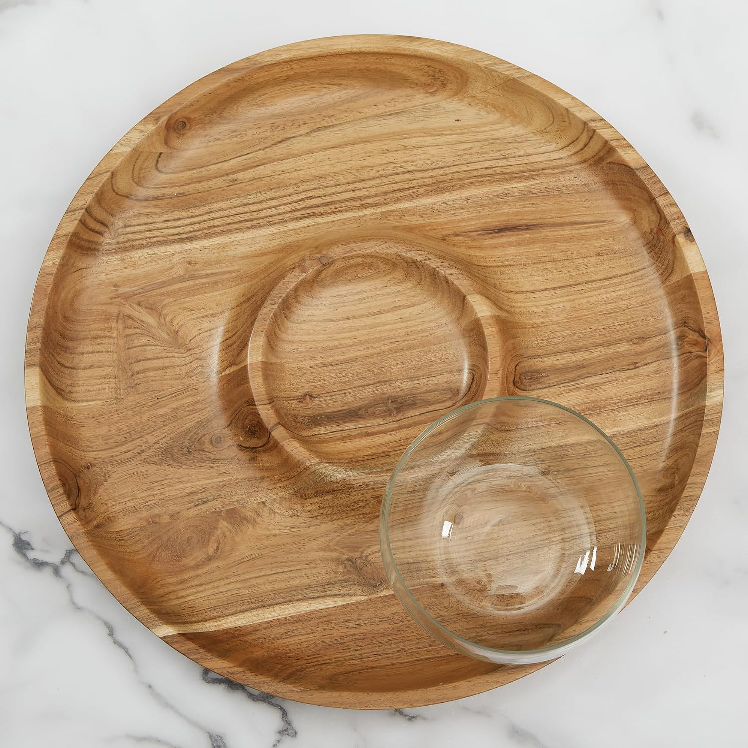Personalization Universe Seasonally Script Personalized Chip and Dip Bowl Set - Acacia Wood Platter with Removable Glass Bowl for Veggies, Chips and Salsa - 14" Platter, 18 oz Bowl - Hand Wash