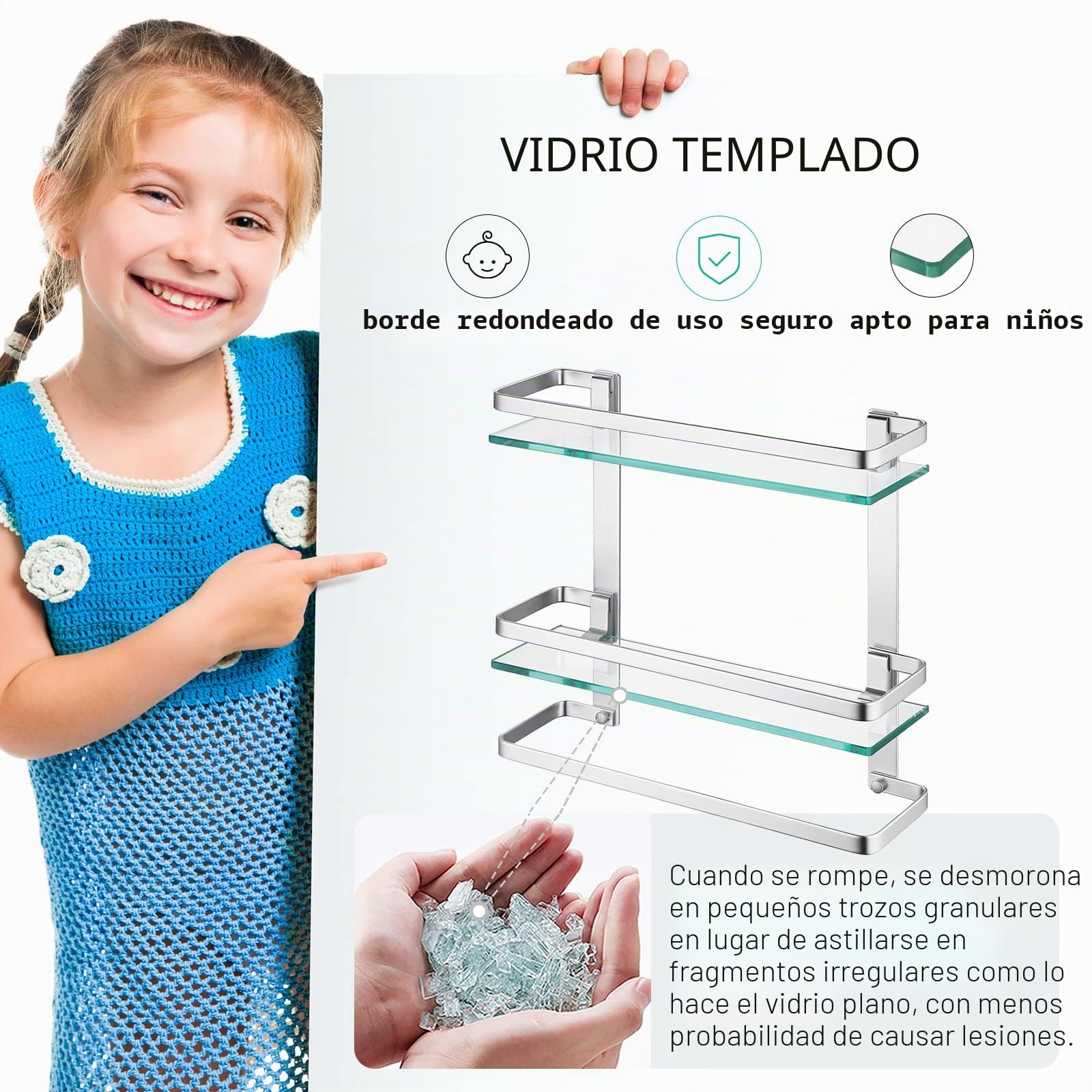 KES Estanteria Baño Pared Estante Baño Cristal, Estanteria Ducha 8MM-Grueso Cristal Templado con Toallero, Aluminio Plata, A4127B