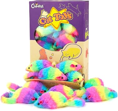 CHIWAVA 24PCS 2.8" Rainbow Color Furry Cat Toy Mice with Rattle Kitten Play | Colorful Small Mouse Interactive Toys for Indoor Fetch & Chasing Plays