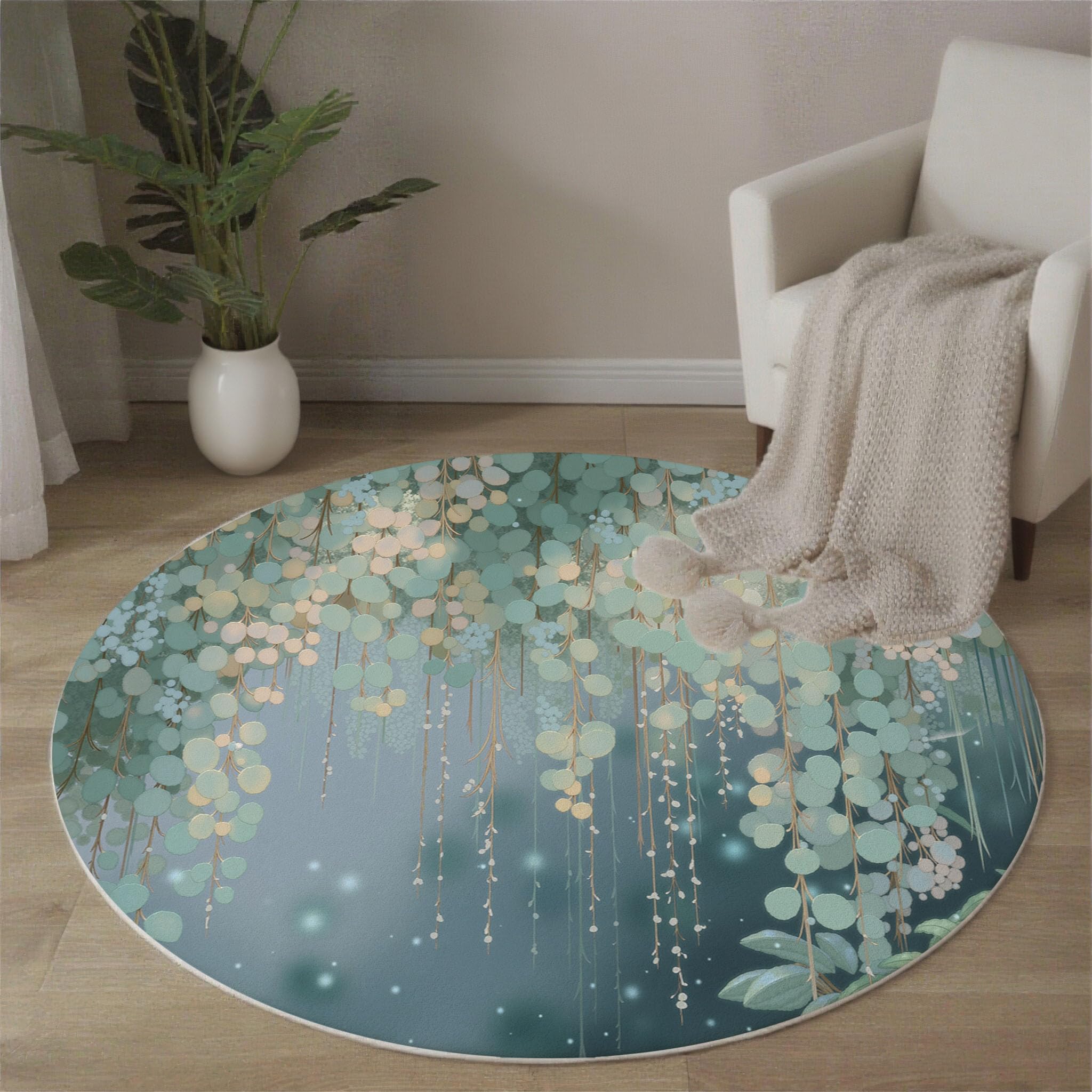 Tapis Rond Feuilles D'Eucalyptus Aquarelle 100 Cm, Lavable En Machine Pour Salon, Ne Perd Pas Ses Poils, Antidérapant | Tapis Esthétique Végétale Pour Chambre À Coucher Chambre D'Enfant, Vert Foncé
