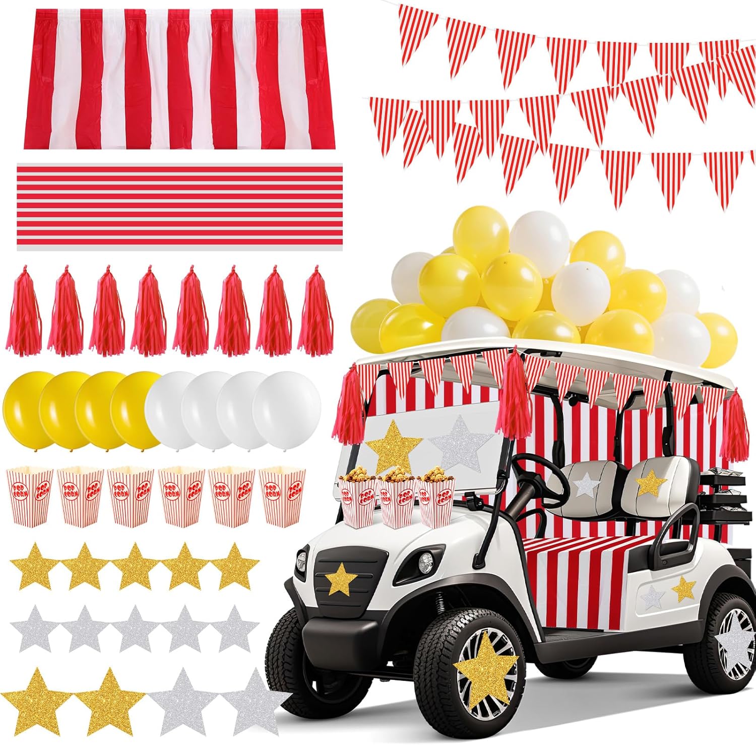 Suncalla 85 Pcs Halloween Carnival Golf Cart Decorations Red and White Stripes Backdrop Tassels Banner Flags Ballons Popcorn Boxes Glitter Star Cutouts for Golf Cart Party Supplies Decor