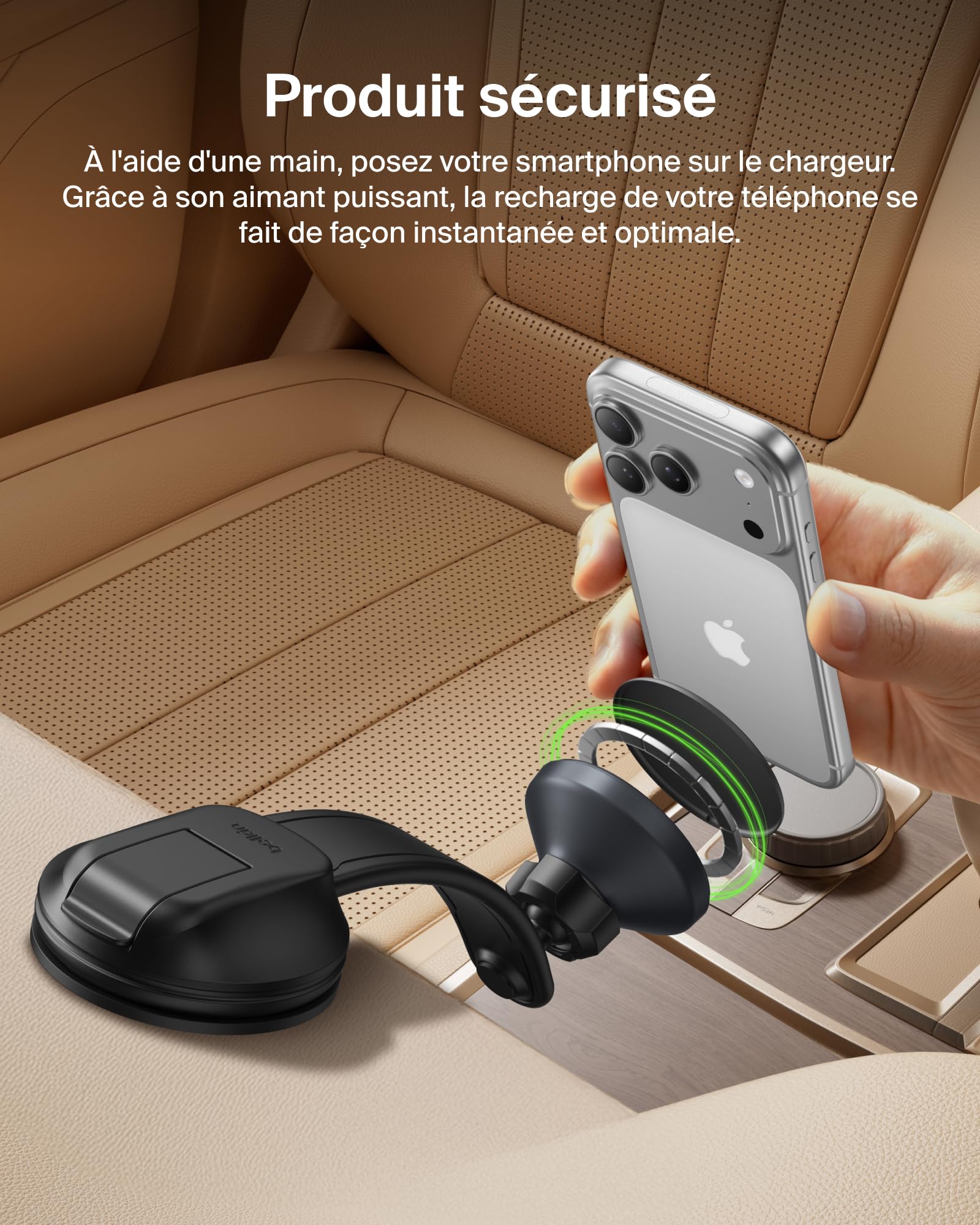 Belkin Chargeur de Voiture sans Fil, Support de Voiture Magnétique avec Câble USB-C, Compatible MagSafe, Recharge Rapide pour iPhone 17, Galaxy S25, Pixelsnap, etc., Accessoire De Voiture Qi2 - Noir