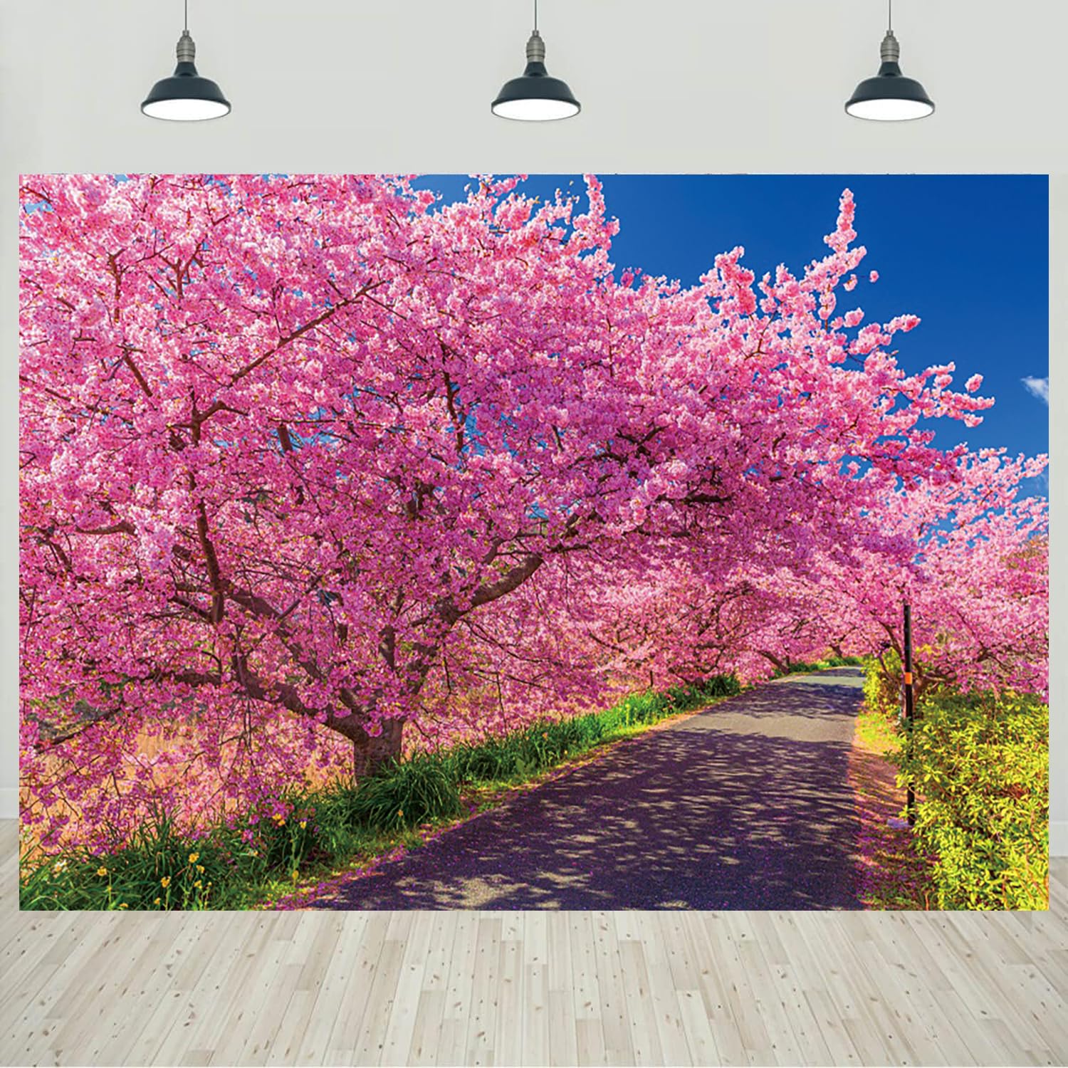10x8ft Spring Scenery Backdrop Pink Cherry Blossom Trees Flowers Garden Path Sunshine Photography Background Spring Camping Picnic Party Decorations
