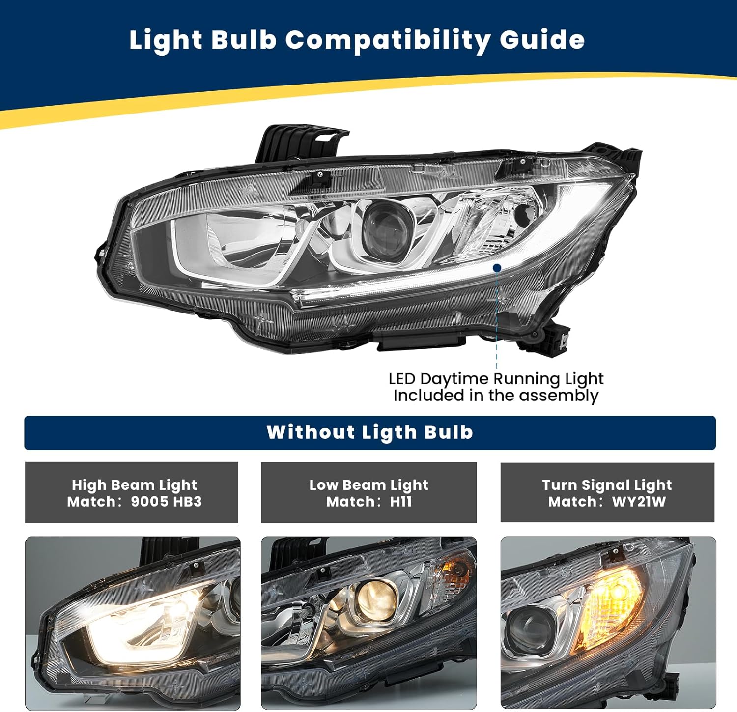 Headlight Assembly Fit for 2016-2021 Honda Civic,Halogen Headlamp without LED， with DRL Chrome Housing. One pair. Replacement OE# LH 33150TBAA01 AND OE#RH 33100TBAA01