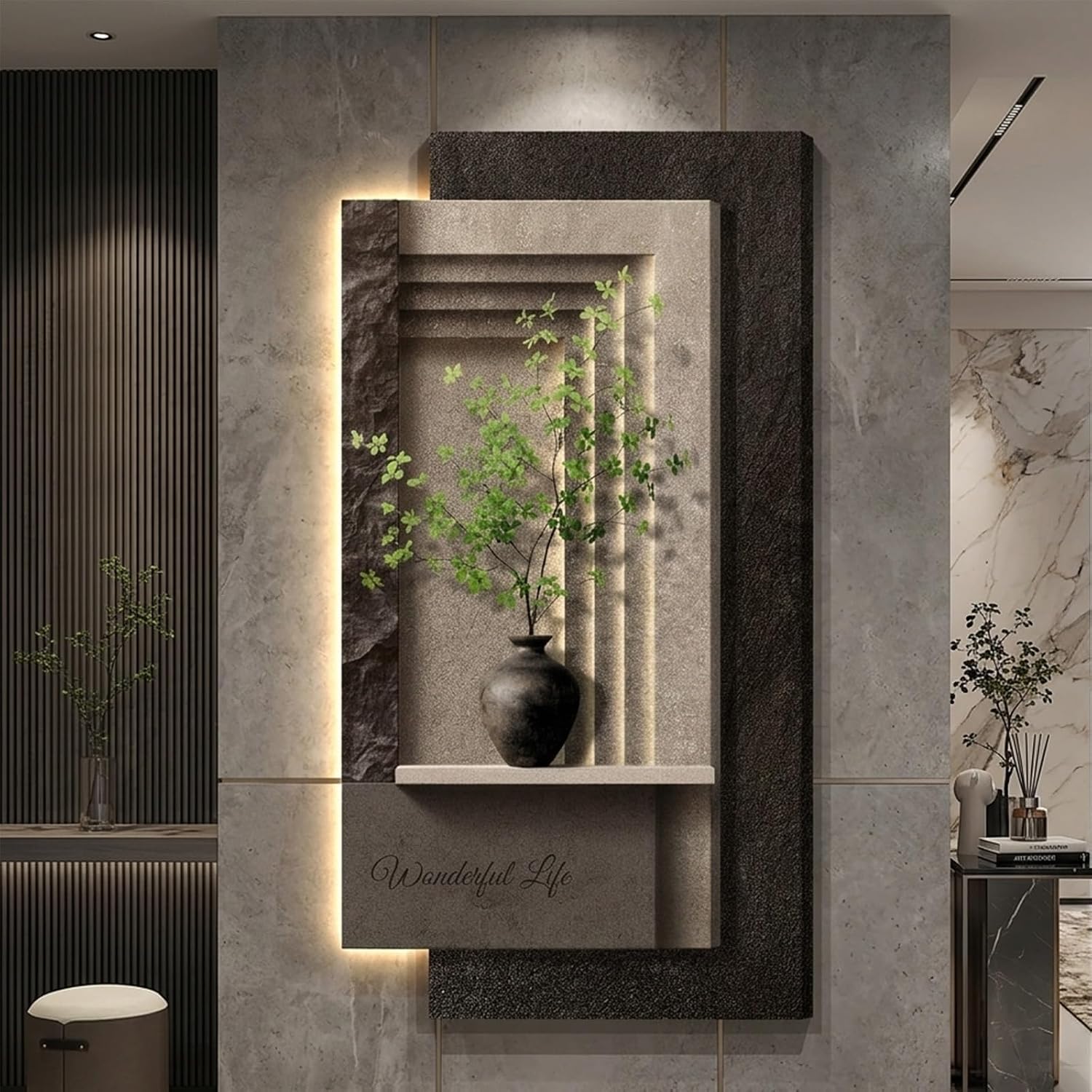 3D Sandstone LED Wall Sculpture, Handmade Vertical Wall Art with Shelf and Vase, Textured Stone Decor for Entryway, Plug-in Power Supply, 47in