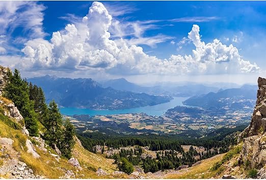 Mountain Lake Backdrop Elevated Mountains Ridge View Summer Lake Photography Background Cloudy Blue Sky Southern French Alps Natural Landscape Backdrop Decors for Euro Travel Hiking Background 5x3ft