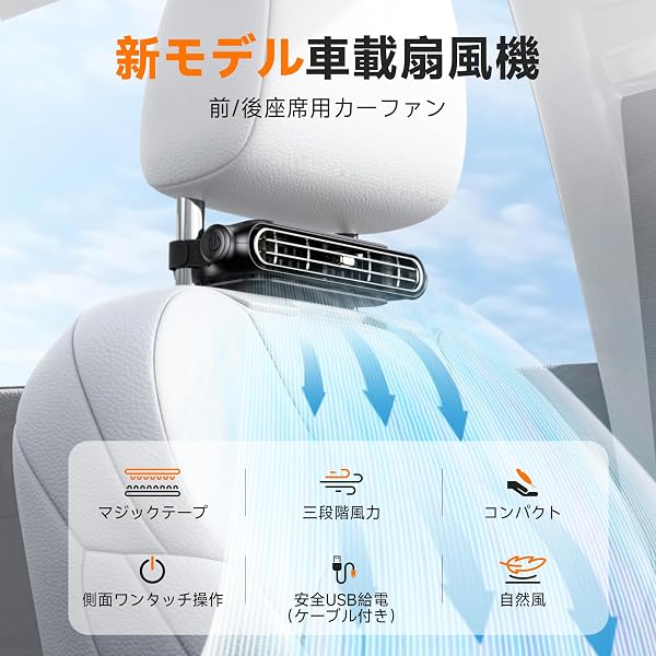 【2026新モデル/バッテリーなし/隠し収納】車載扇風機 座席ファン ヘッドレスト USB給電 強力扇風機 後部座席 3階段調整 車用ファン ネッククーラー 空気循環 角度調節可能 熱中症対策 夏対策 取り付け簡単(ブラック) - 2