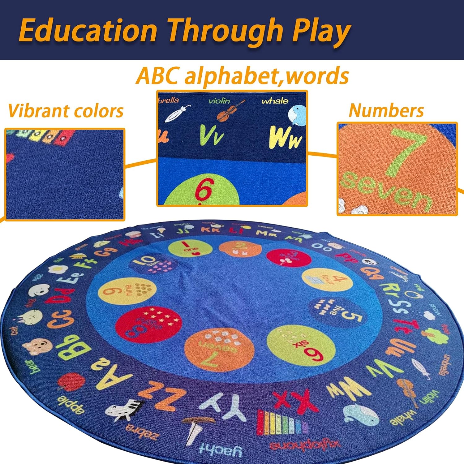 Round Classroom Rug, 6×6Ft ABC Rugs for Kids Playroom, Education Classroom Carpet Elementary for Learning Alphabet, Numbers, Words, Area Preschool Playmat for Daycare Kindergarten