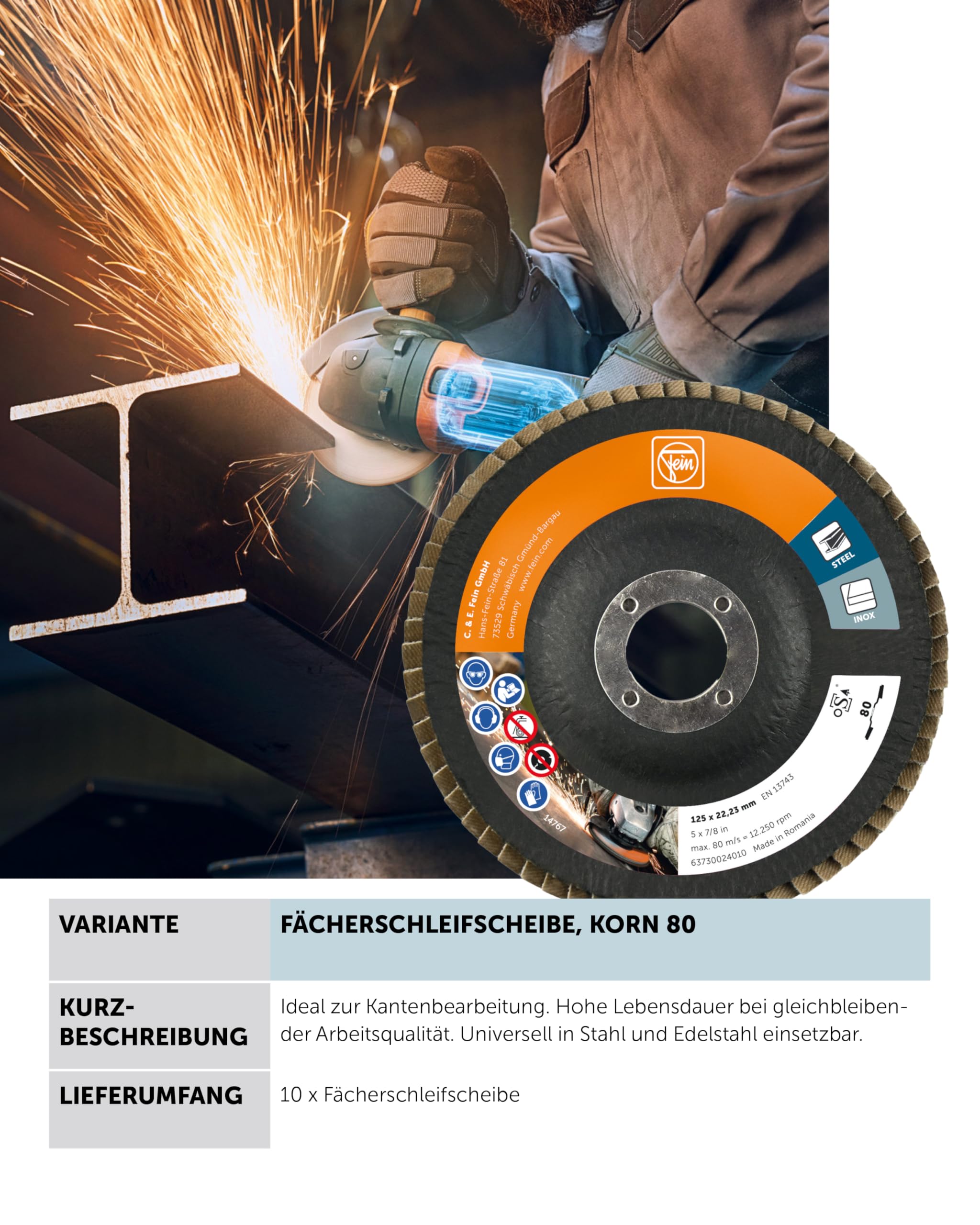 FEIN Fächerschleifscheiben 125 mm, Korn 80 I 10 x Schleifscheiben für Winkelschleifer I Zum Schleifen von Stahl und Edelstahl I Ideal zur Kantenbearbeitung