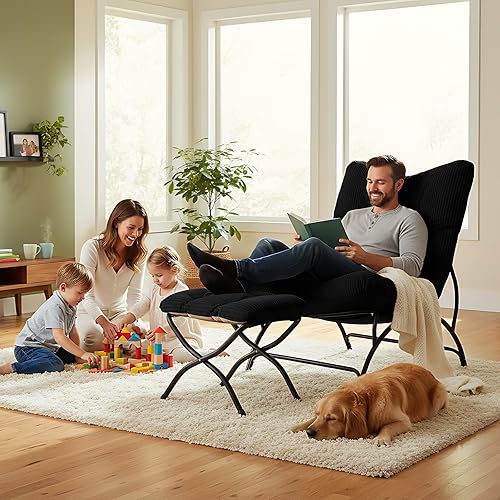 Vista 3 de Welnow Silla decorativa moderna con otomana, cómodo sofá reclinable tapizado, cojín grueso, silla de lectura perezosa de gran tamaño con reposapiés