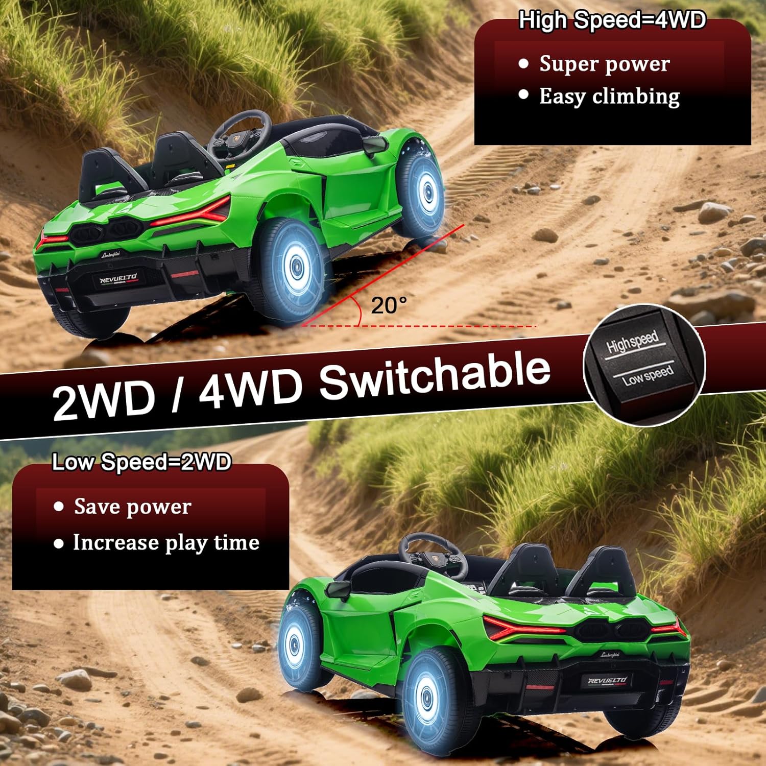 FINITO XXL Licensed Lamborghini 24V 4WD Kids Electric Car with Remote Control, Hydraulic Doors, LED Lights & Music, 2 Seater Ride on Toy for 3-8 Years Old (Green)