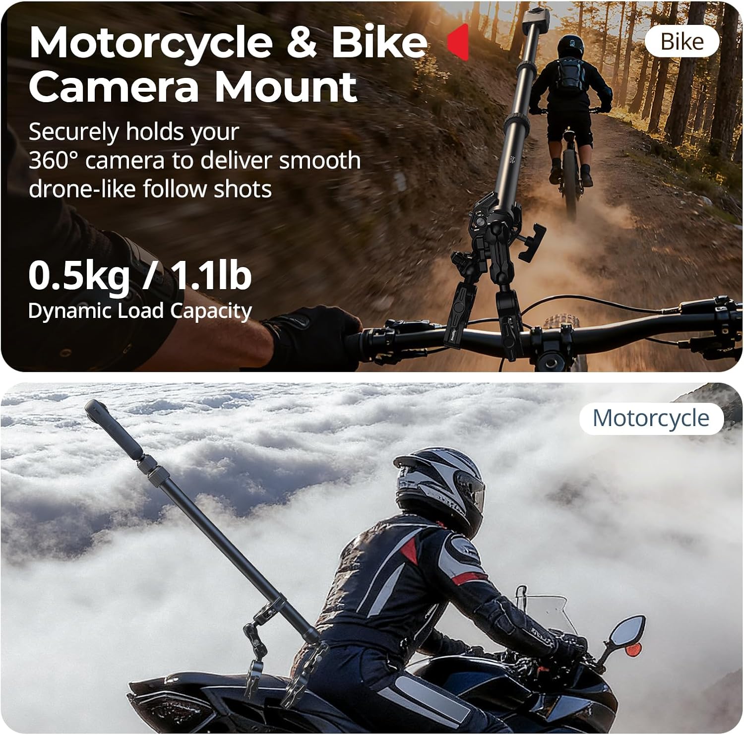 SMALLRIG Motorcycle Mount Bundle for Insta360 X5/X4/X3 360 Camera, for DJI OSMO 360/Action 6/5 Pro, for GoPro, Bike Handlebar Invisible Selfie Stick with Dual Ball Heads Super Clamps, Adapter - 5459